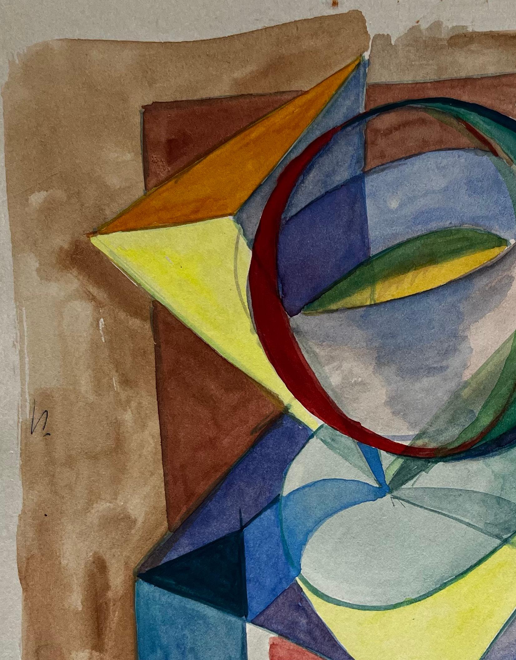 Titel: Geometrische abstrakte Komposition mit sphärischer Form Aquarell der französischen Moderne
Guy Nicod (Französisch 1923 - 2021) 
Gouache auf Künstlerpapier, ungerahmt
Größe: 11,25 x 9,25 Zoll (Höhe x Breite)
Provenienz: Künstlernachlass,
