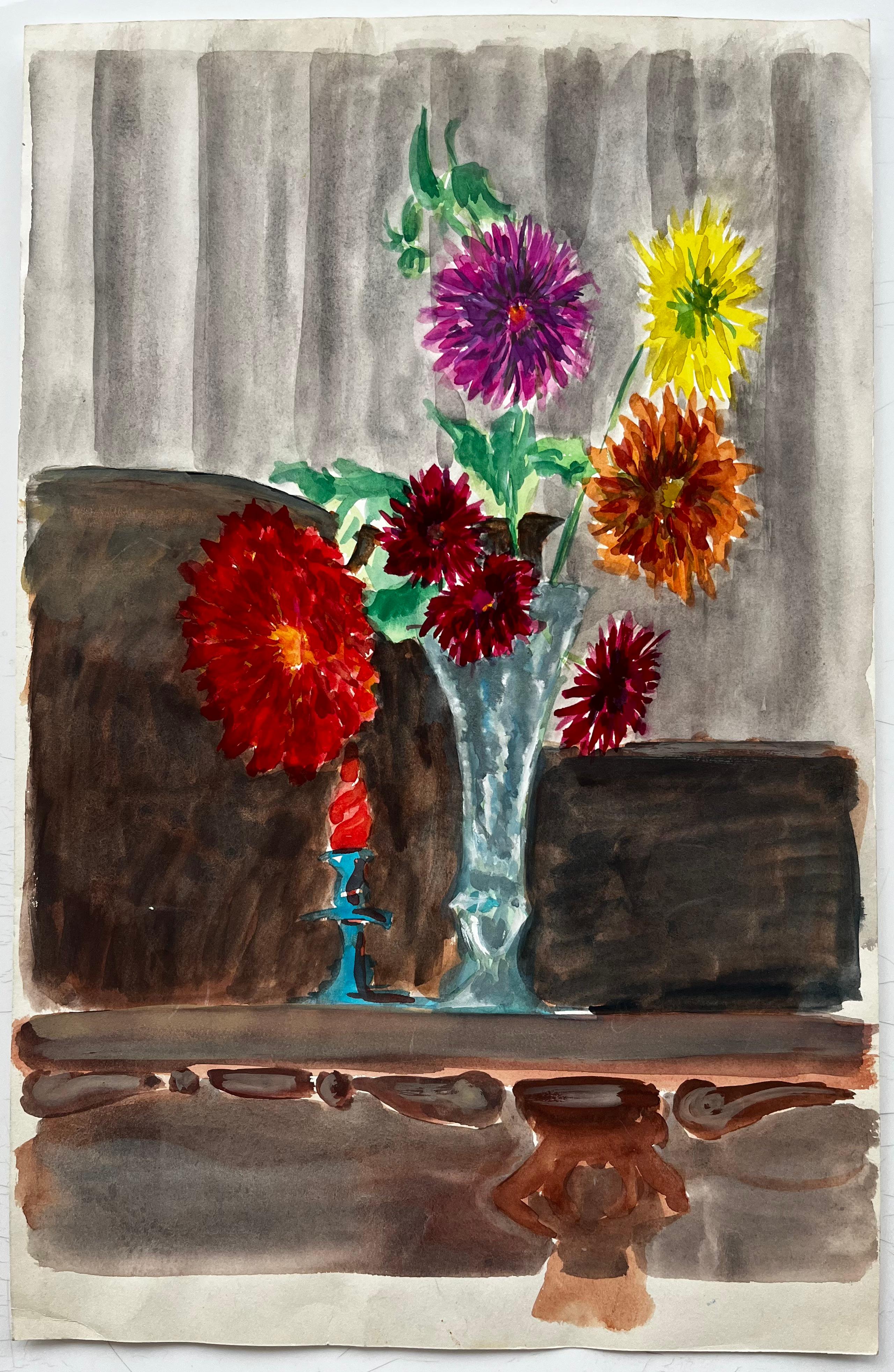 Stillleben mit Dahlien in einer Glasvase Französische Moderne Aquarell Gouache – Art von Guy Nicod