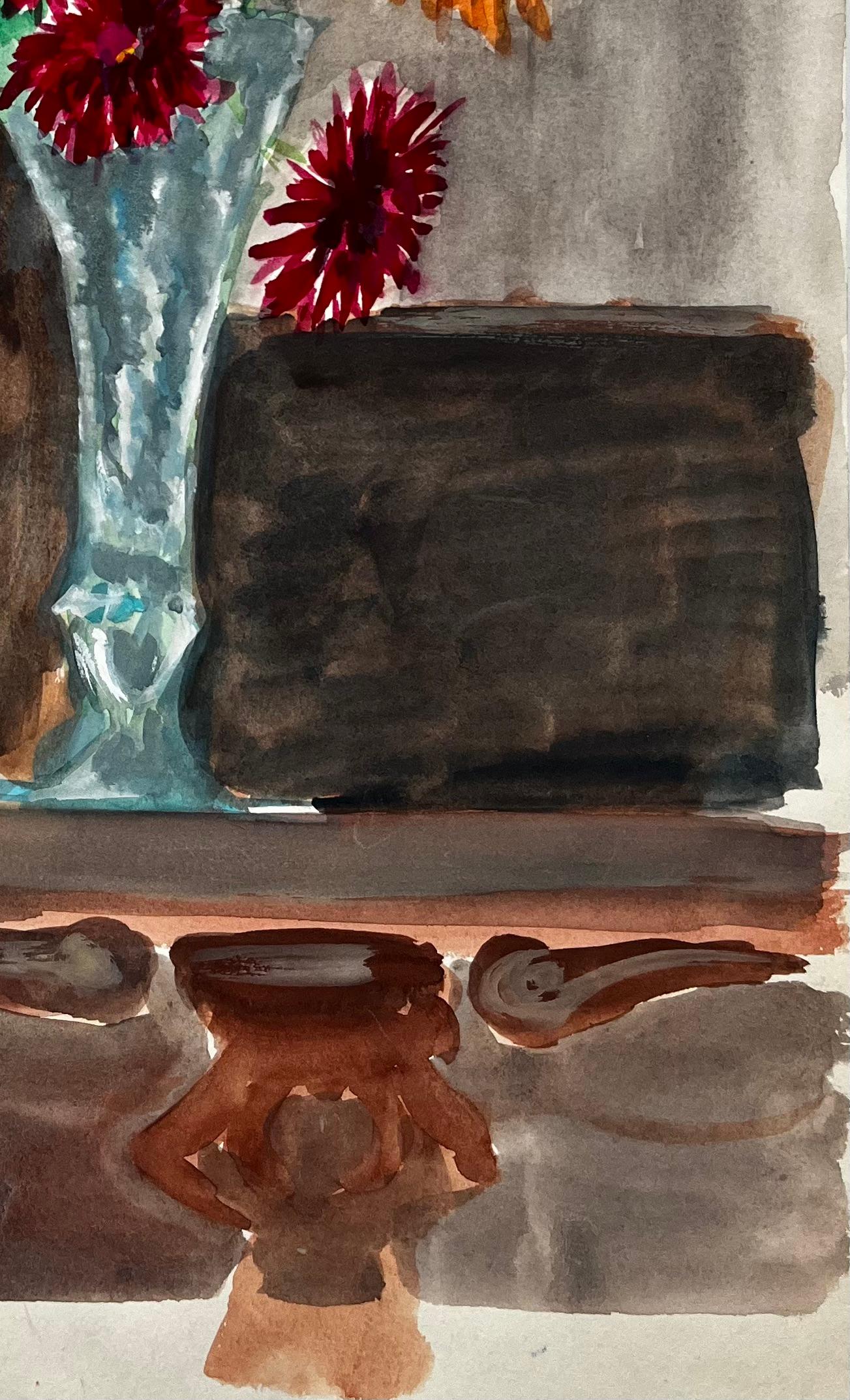 Stillleben mit Dahlien in einer Glasvase Französische Moderne Aquarell Gouache im Angebot 1