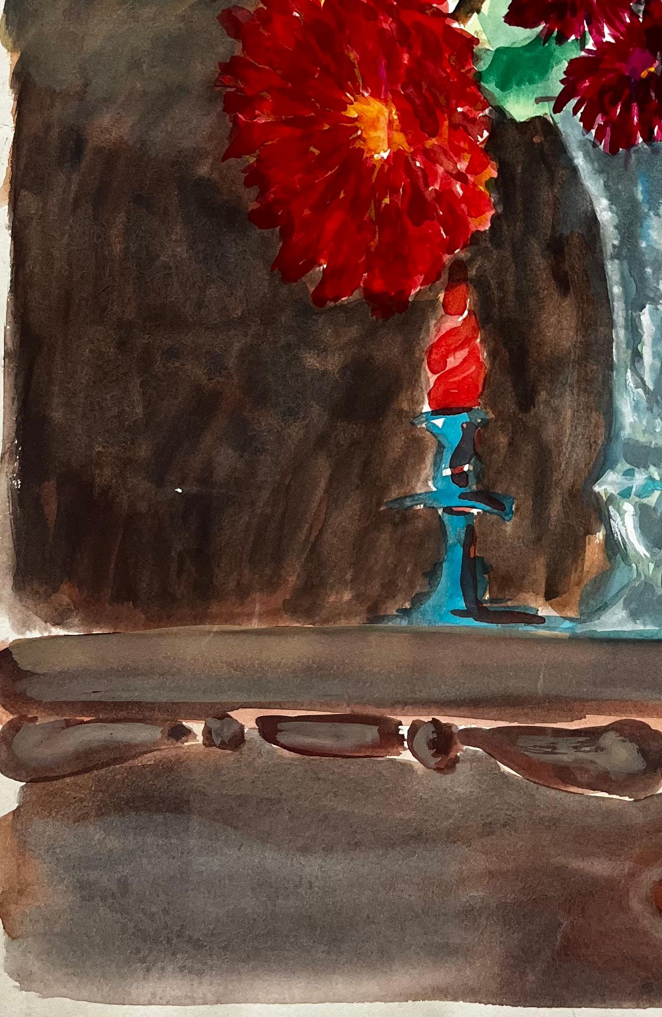 Stillleben mit Dahlien in einer Glasvase Französische Moderne Aquarell Gouache im Angebot 2