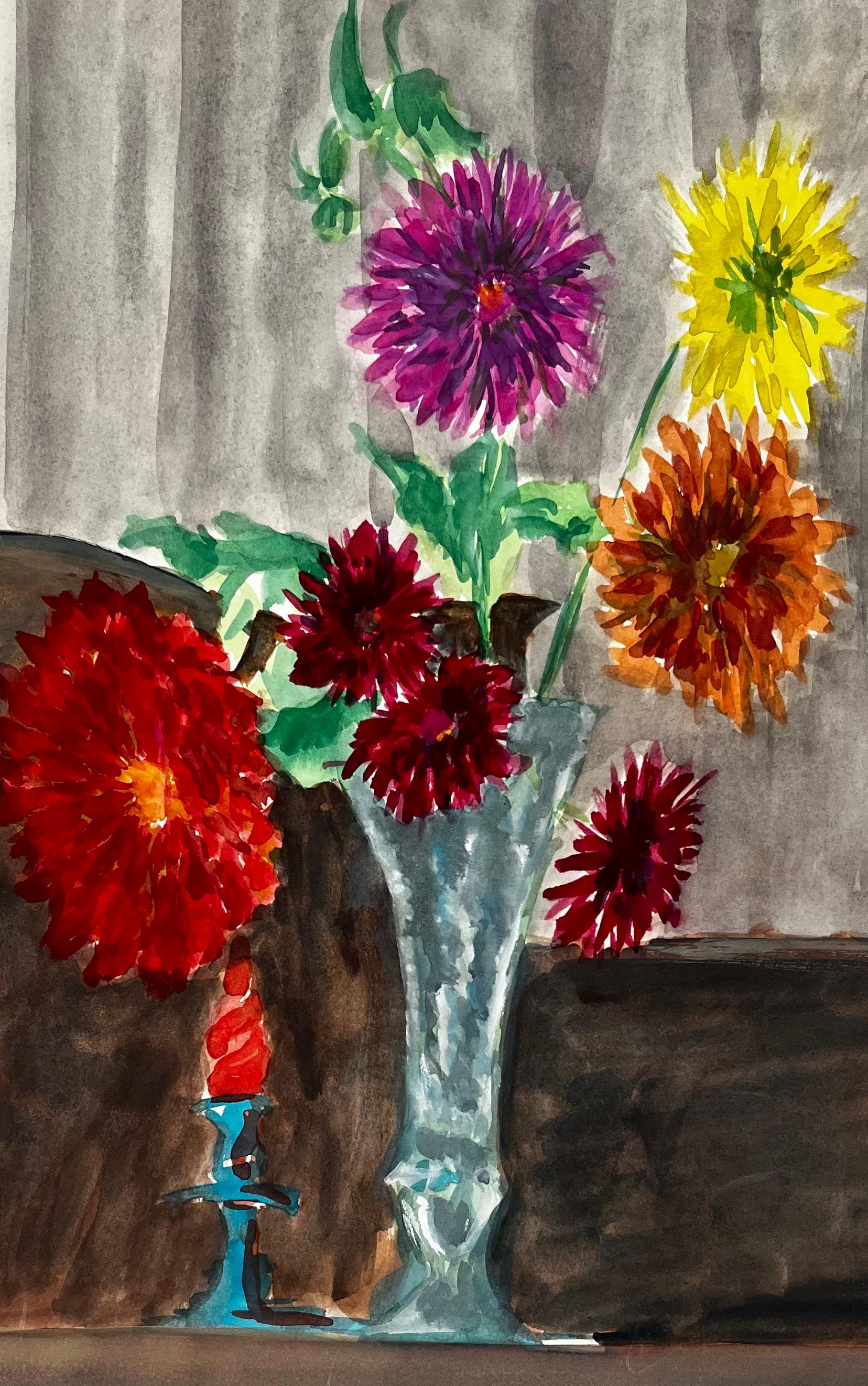 Stillleben mit Dahlien in einer Glasvase Französische Moderne Aquarell Gouache im Angebot 3