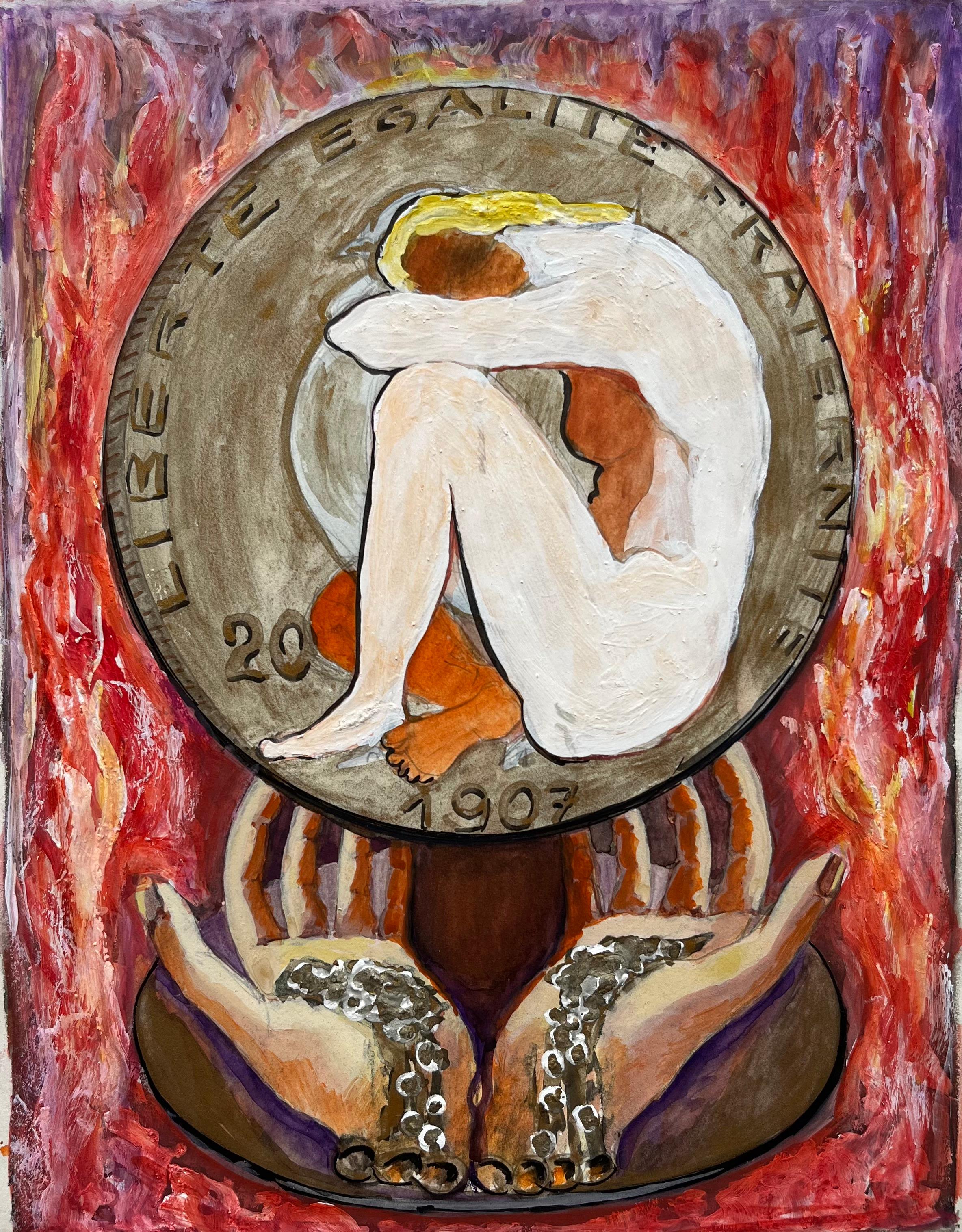 Guy Nicod Abstract Drawing - Liberté Égalité Fraternité Symbolic Composition French Modernist Gouache