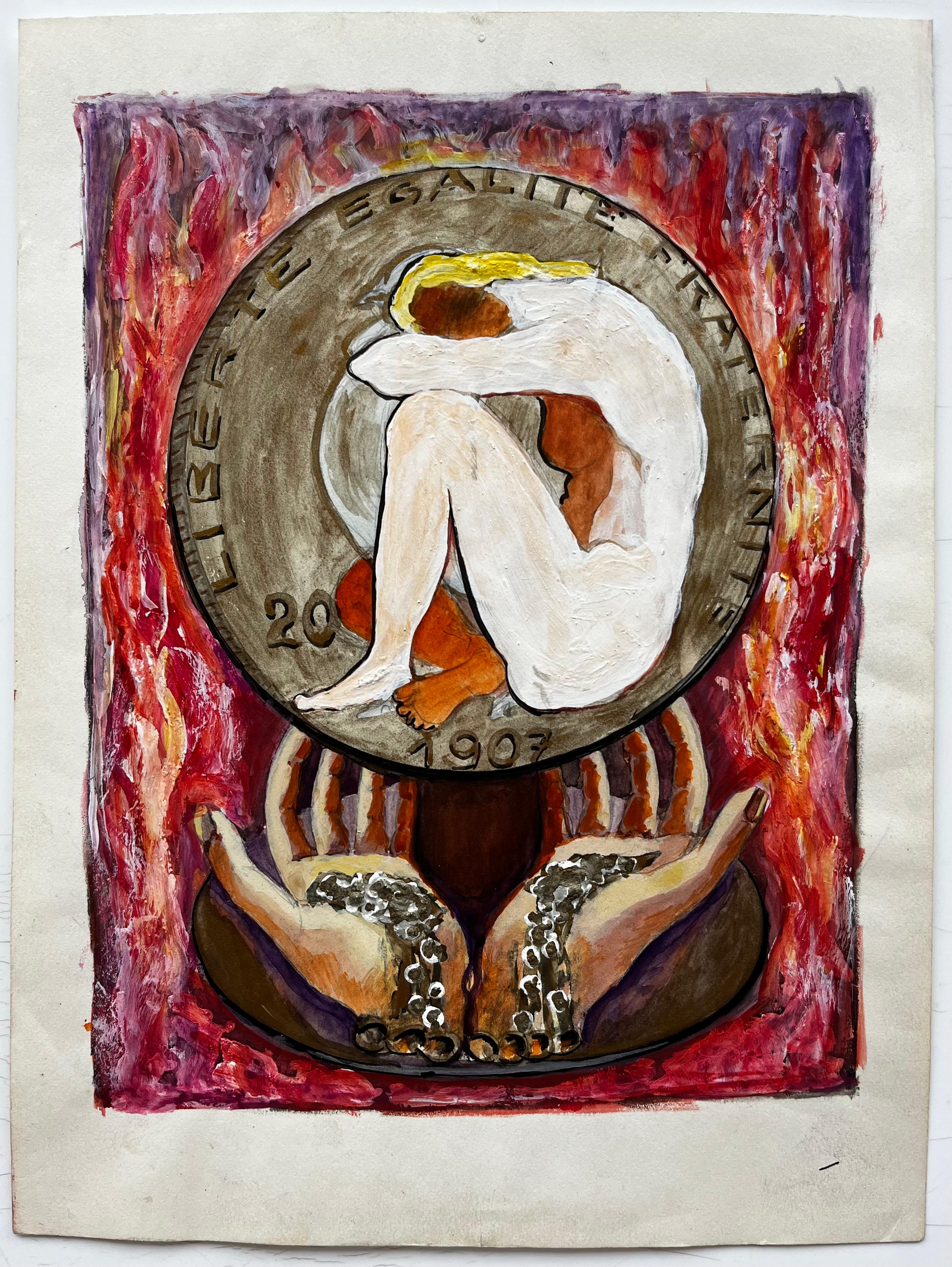 Liberté Égalité Fraternité Symbolic Composition French Modernist Gouache - Art by Guy Nicod
