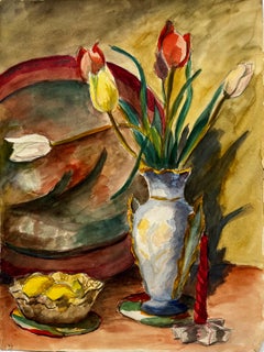 Still Life with Tulips, Lemons and Red Candle French Modernist Gouache