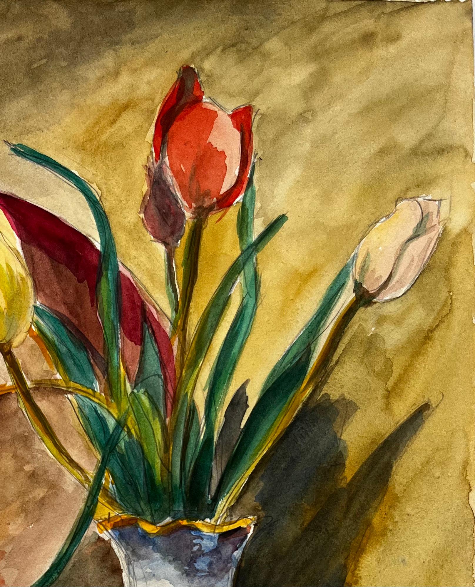 Natura morta con tulipani, limoni e candela rossa Gouache francese modernista - Art Moderno di Guy Nicod
