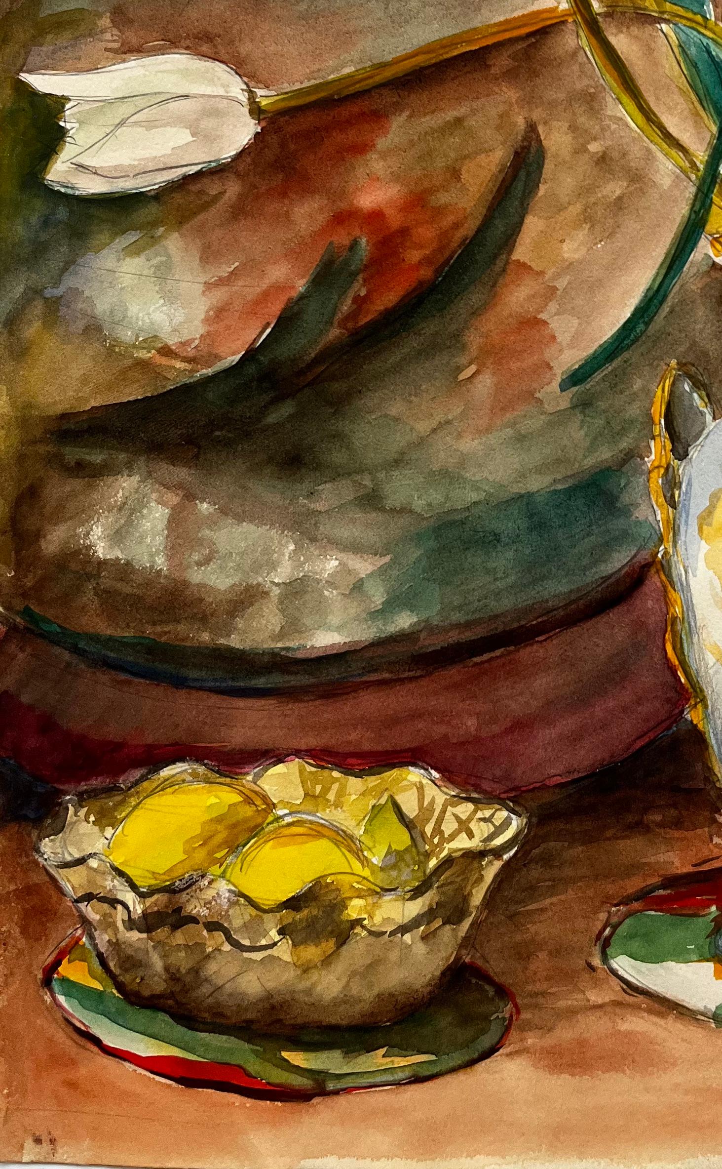 Natura morta con tulipani, limoni e candela rossa Gouache francese modernista in vendita 1