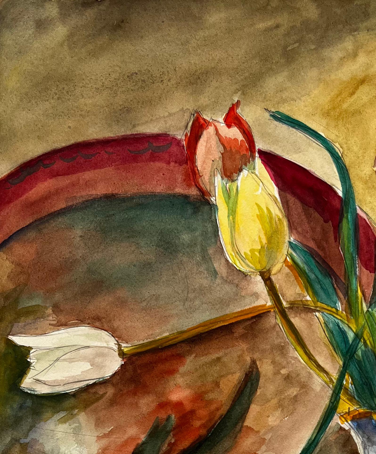 Natura morta con tulipani, limoni e candela rossa Gouache francese modernista - Landscape Art Marrone di Guy Nicod
