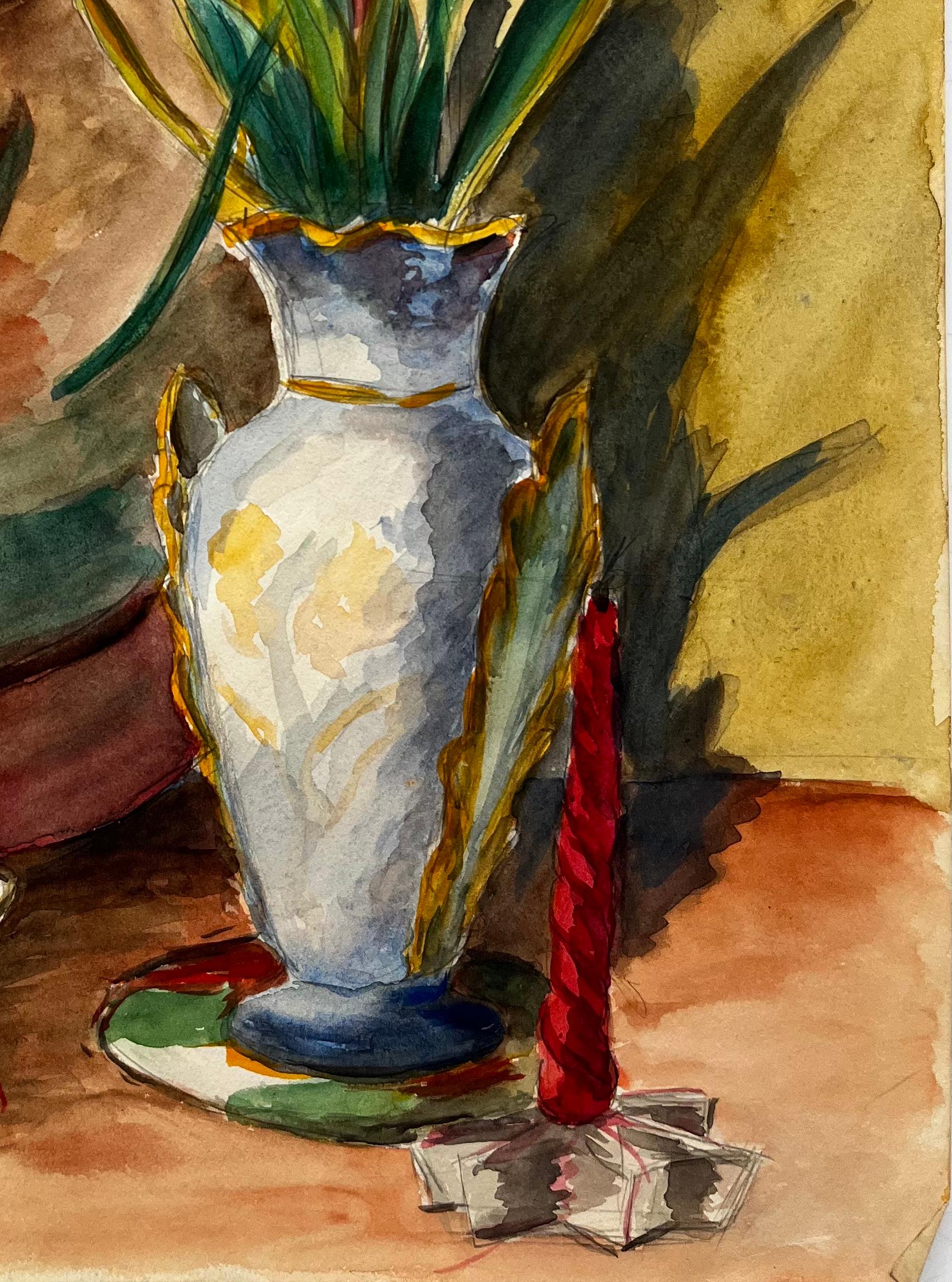 Titolo: Natura morta con tulipani, limoni e candela rossa Gouache francese modernista
Guy Nicod (francese, 1923 - 2021) 
Guazzo su carta d'artista, senza cornice
Dimensioni: 14,5 x 10,75 pollici (altezza x larghezza)
Provenienza: Proprietà di