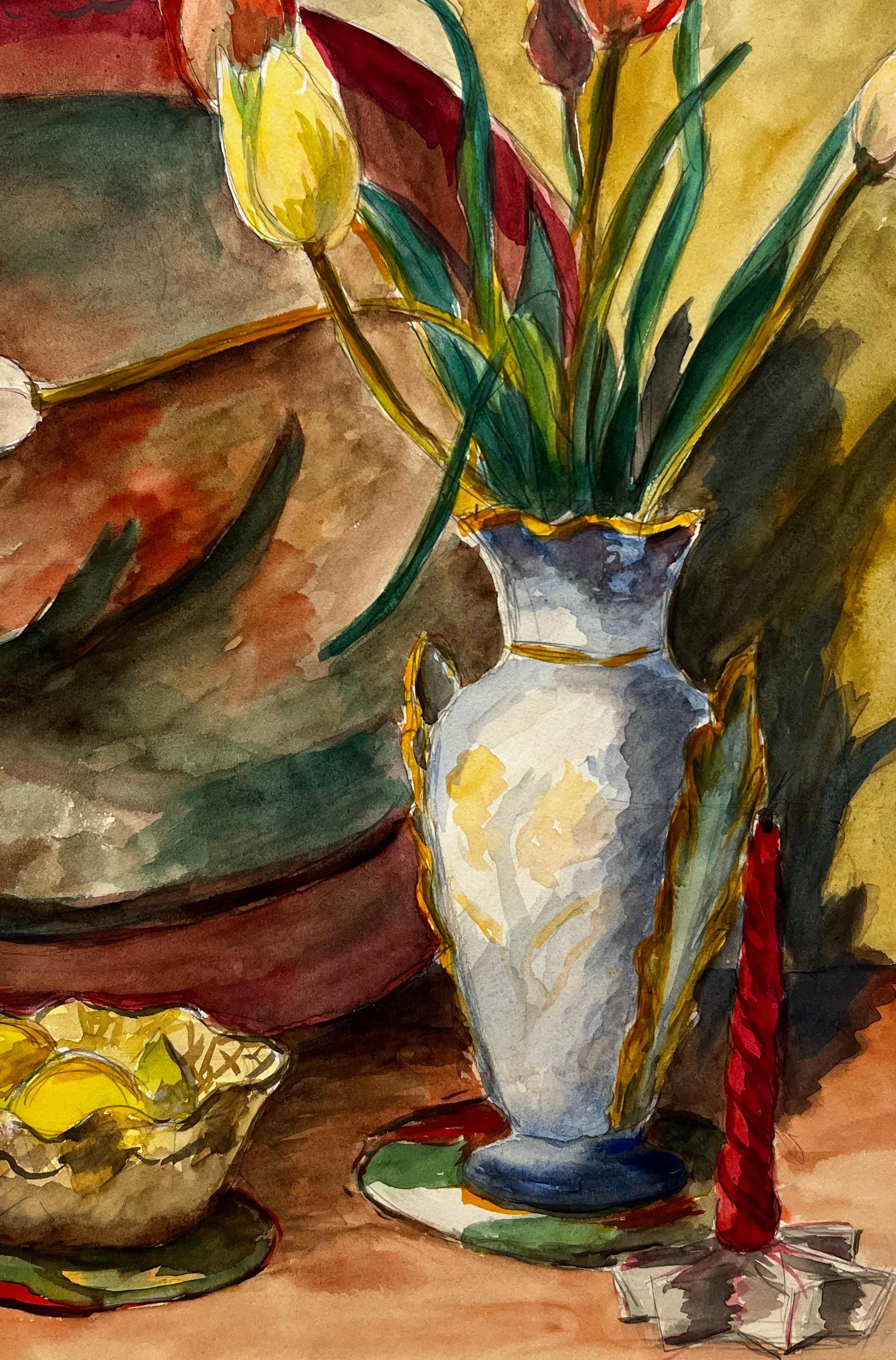 Natura morta con tulipani, limoni e candela rossa Gouache francese modernista in vendita 2