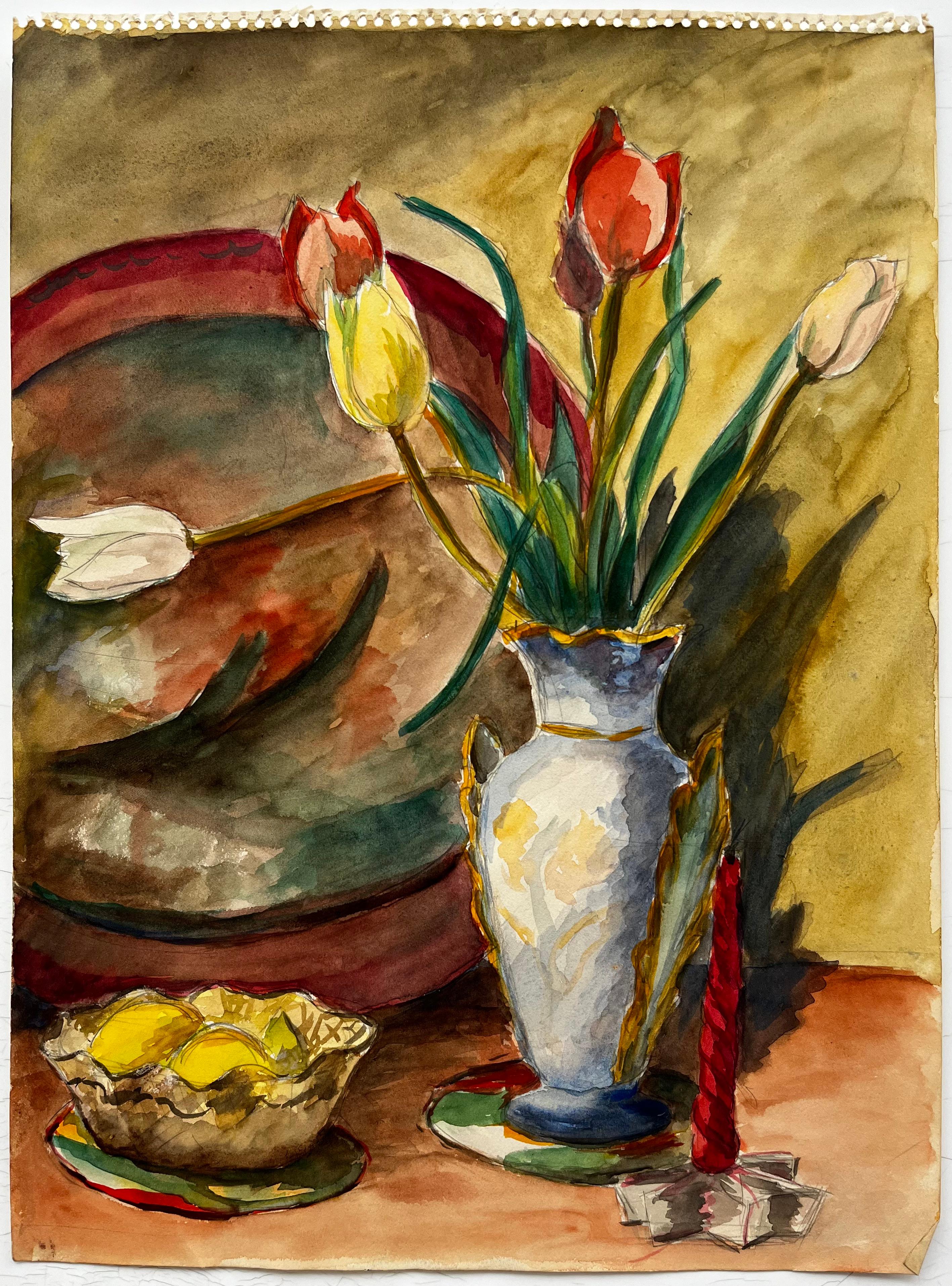 Natura morta con tulipani, limoni e candela rossa Gouache francese modernista - Art di Guy Nicod