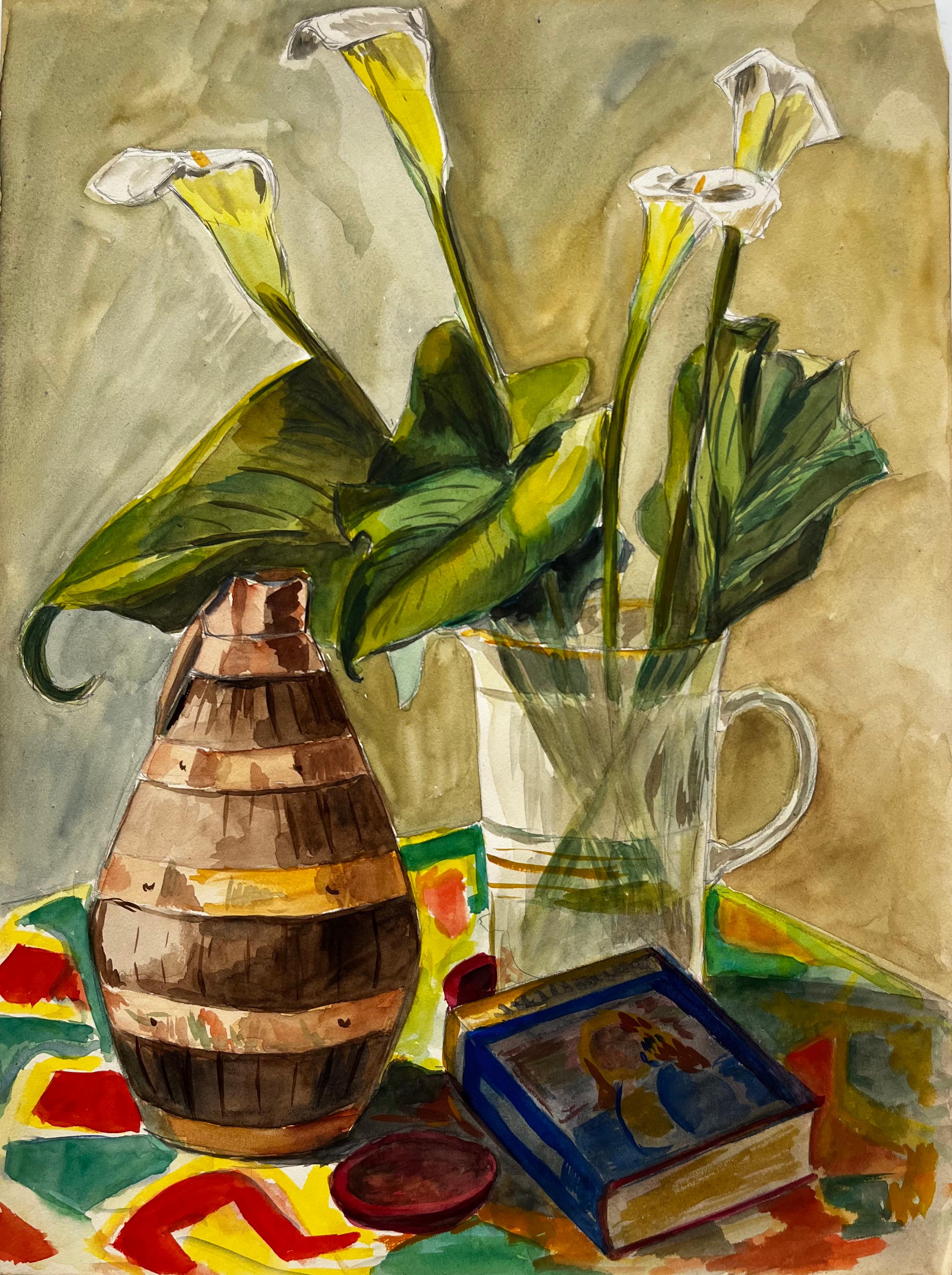 Guy Nicod Abstract Drawing - Still Life with Calla Lilies and Ceramic Vase French Modernist Gouache