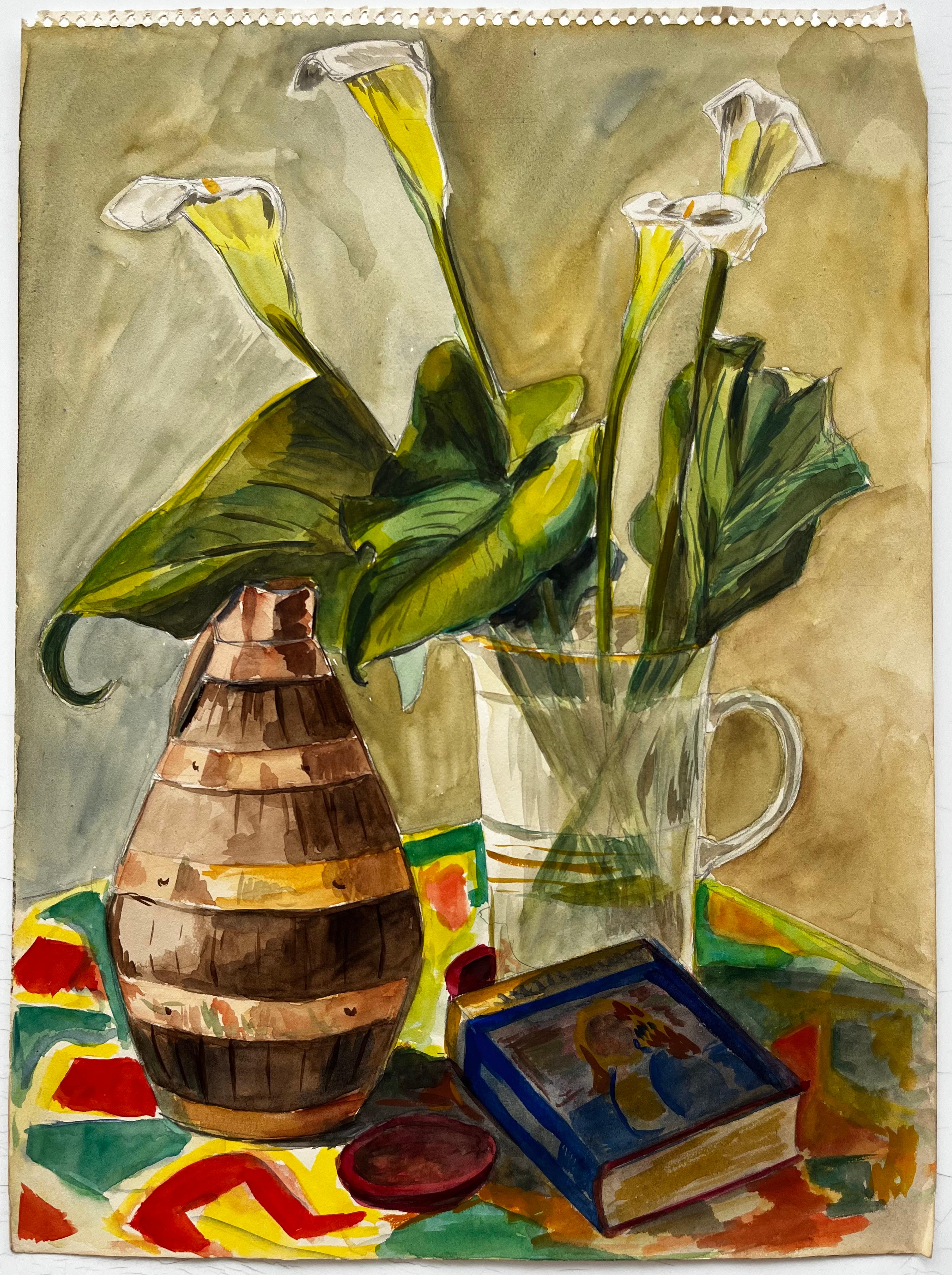 Still Life with Calla Lilies and Ceramic Vase French Modernist Gouache - Art by Guy Nicod