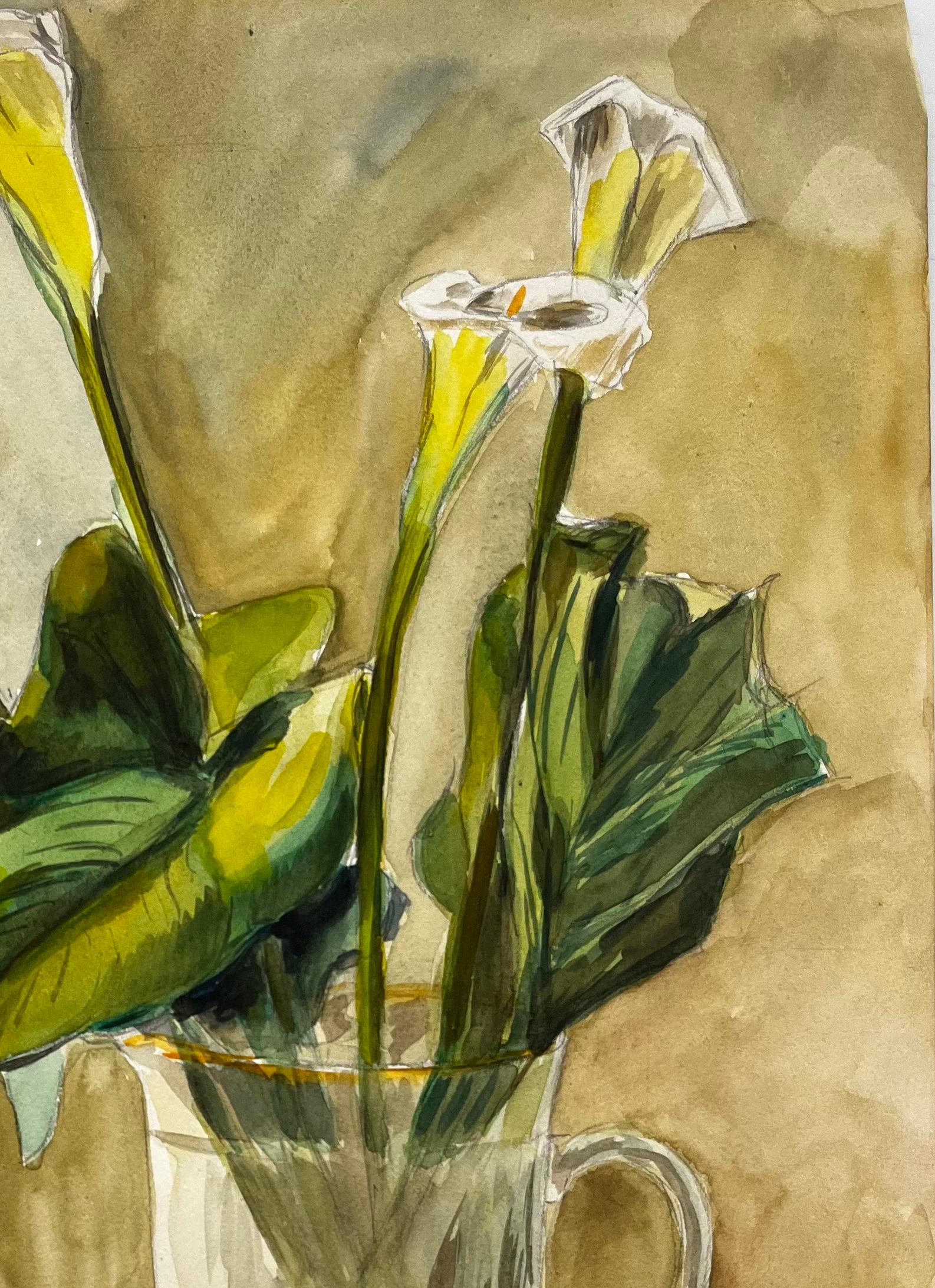 Still Life with Calla Lilies and Ceramic Vase French Modernist Gouache - Brown Abstract Drawing by Guy Nicod
