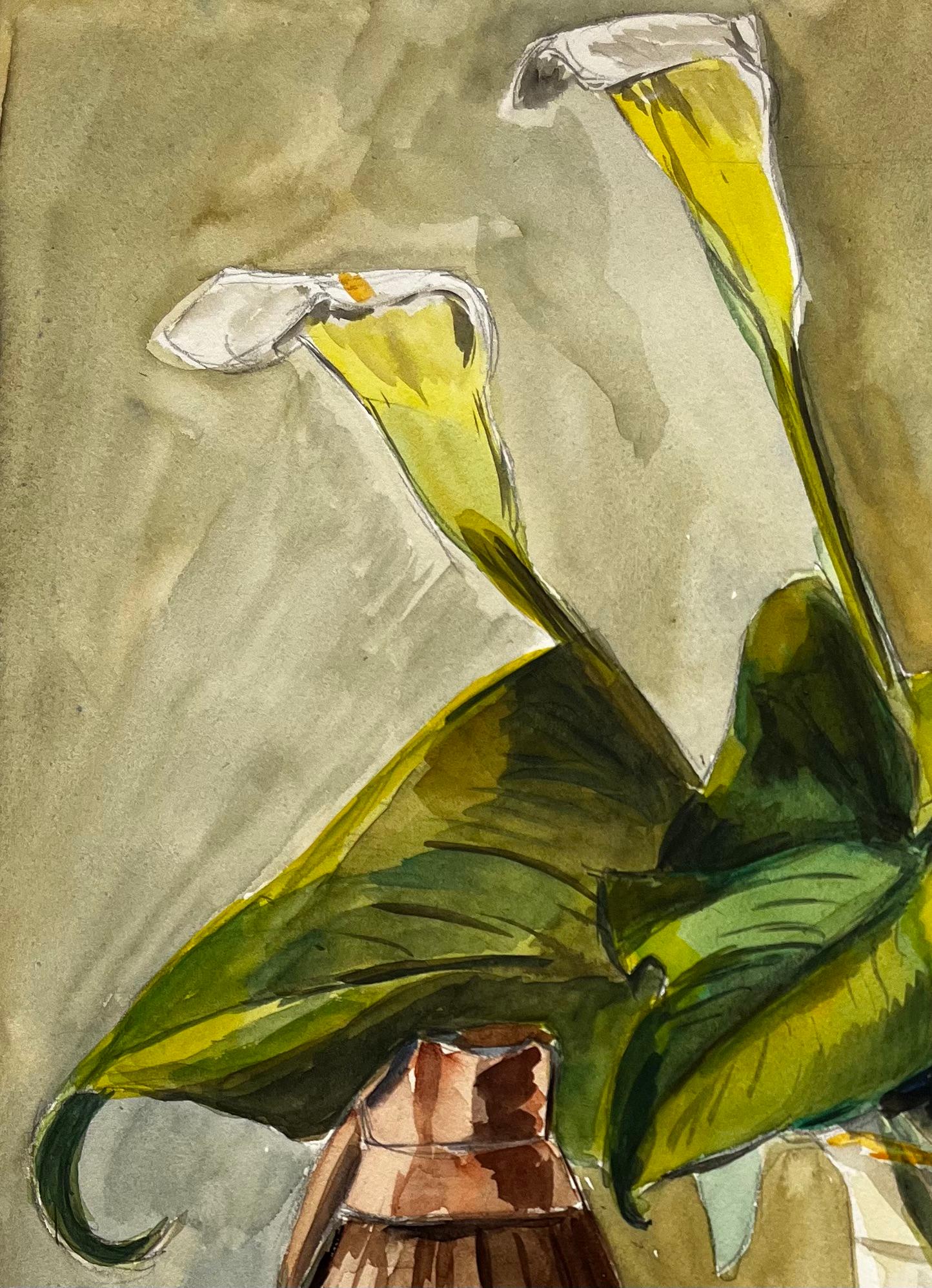 Title: Still Life with Calla Lilies and Ceramic Vase French Modernist Gouache
Guy Nicod (French 1923 - 2021) 
Gouache on artist paper, unframed
Size: 14.5 x 10.75 inches (height x width)
Provenance: Artists estate, France
Condition: good overall