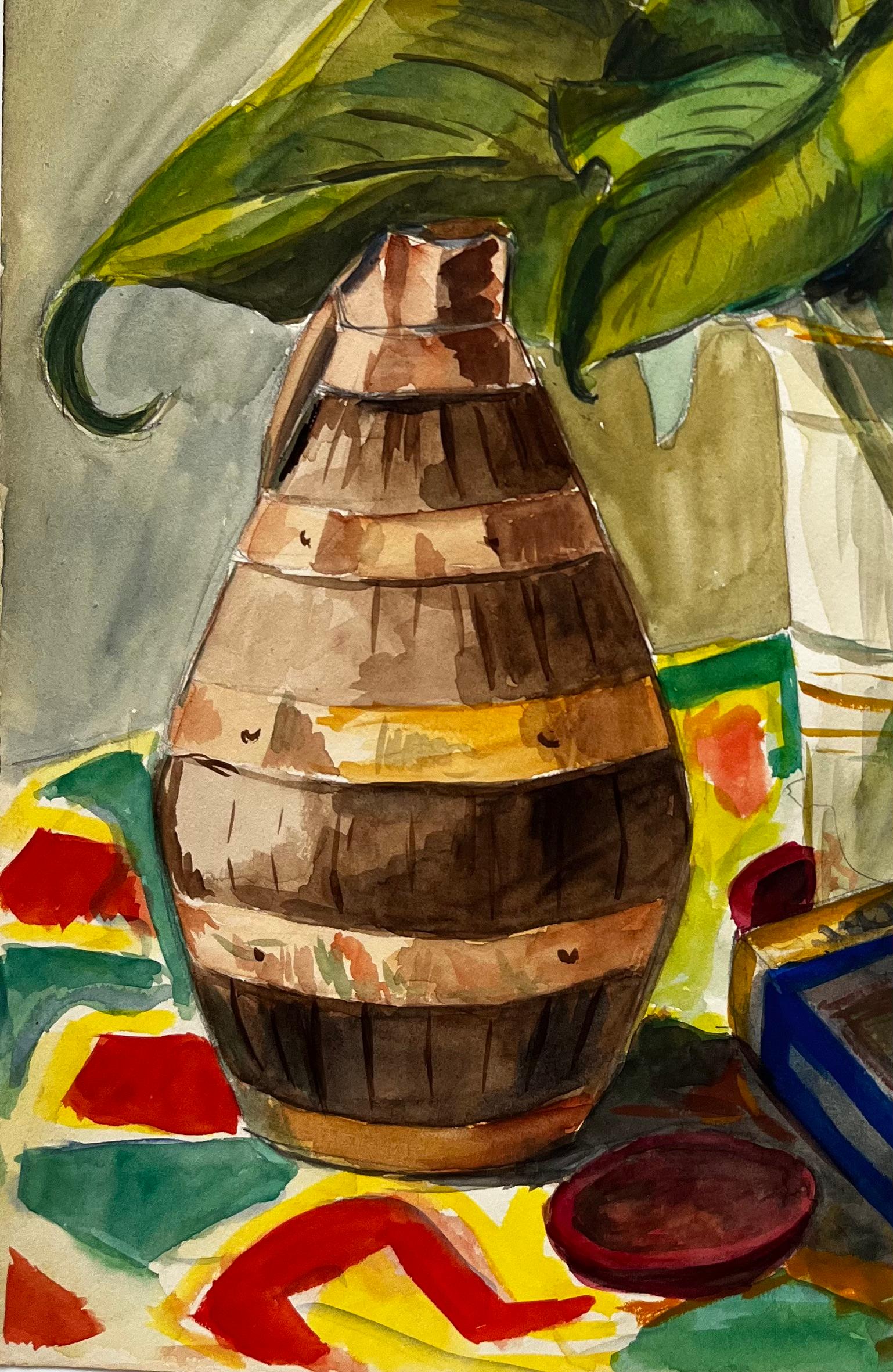 Still Life with Calla Lilies and Ceramic Vase French Modernist Gouache For Sale 1