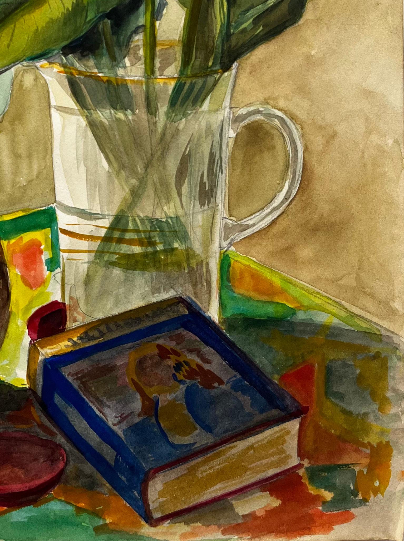 Still Life with Calla Lilies and Ceramic Vase French Modernist Gouache For Sale 2