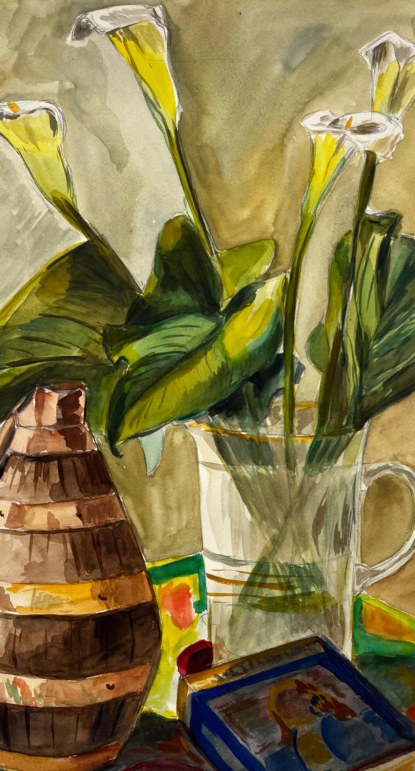 Still Life with Calla Lilies and Ceramic Vase French Modernist Gouache For Sale 3