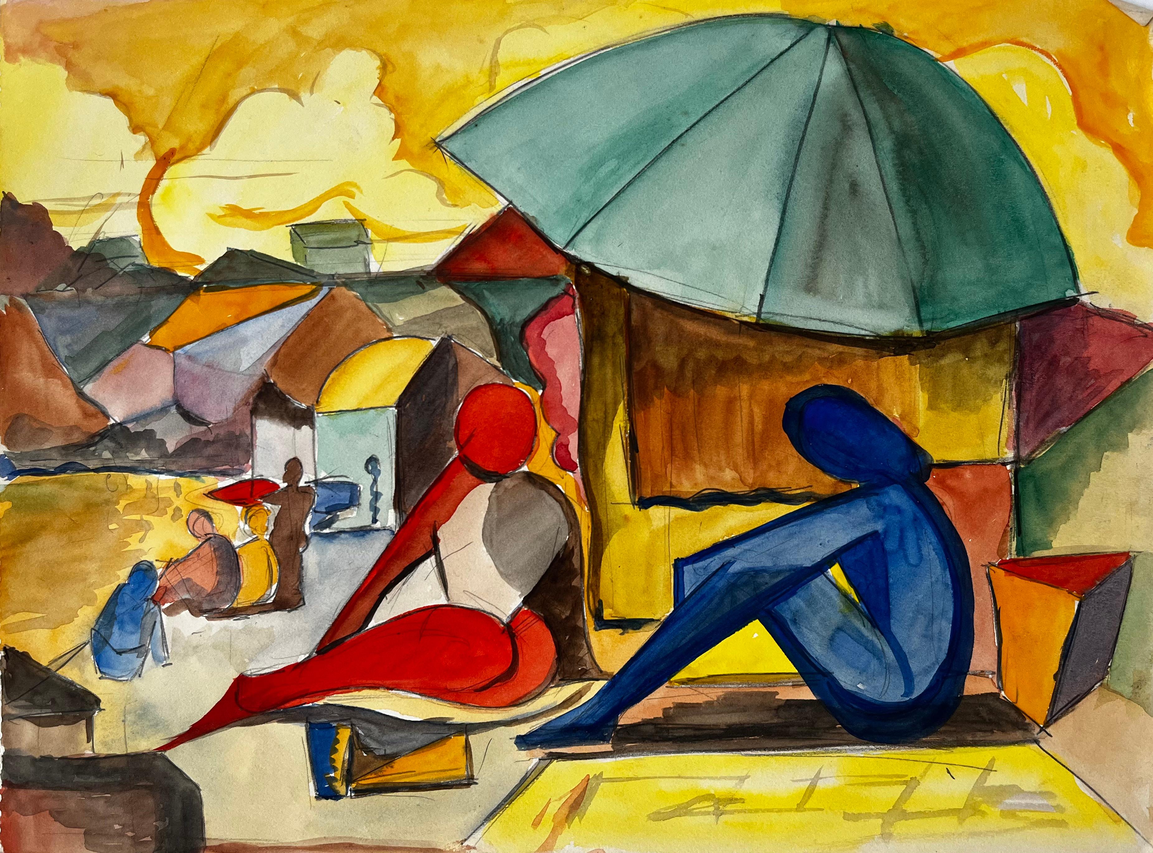 Abstract Drawing Guy Nicod - Figures sous un parasol Scène de marché moderniste française Aquarelle Gouache