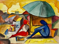 Figure sotto un ombrellone Scena di mercato modernista francese Acquerello Gouache