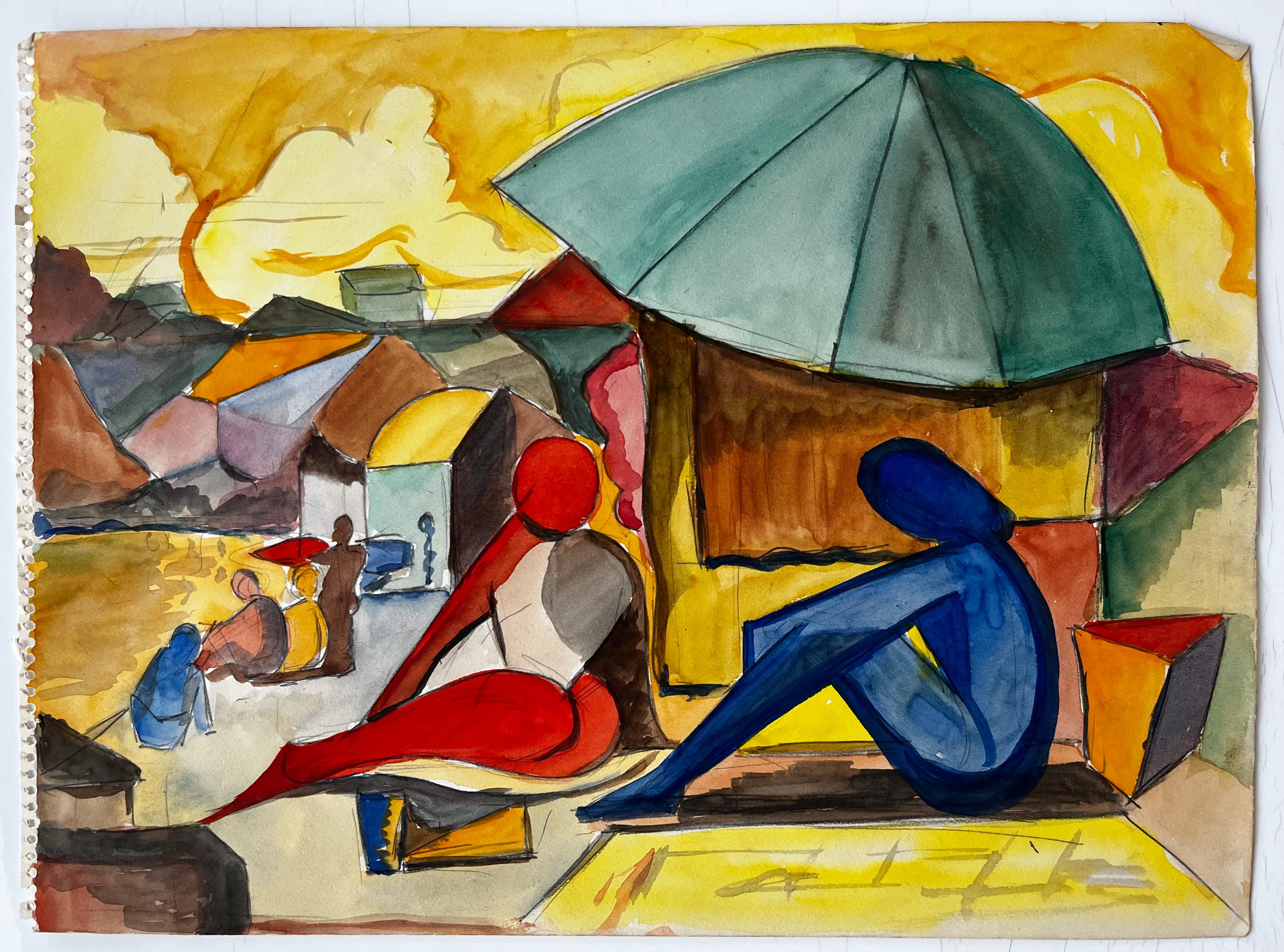 Figures sous un parasol Scène de marché moderniste française Aquarelle Gouache - Art de Guy Nicod