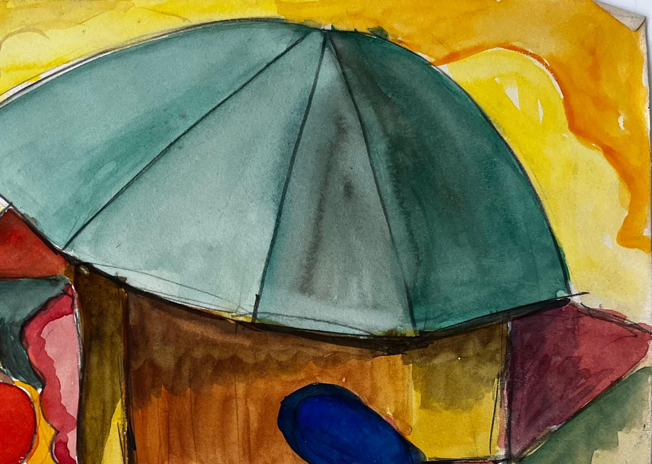 Figures sous un parasol Scène de marché moderniste française Aquarelle Gouache - Marron Abstract Drawing par Guy Nicod