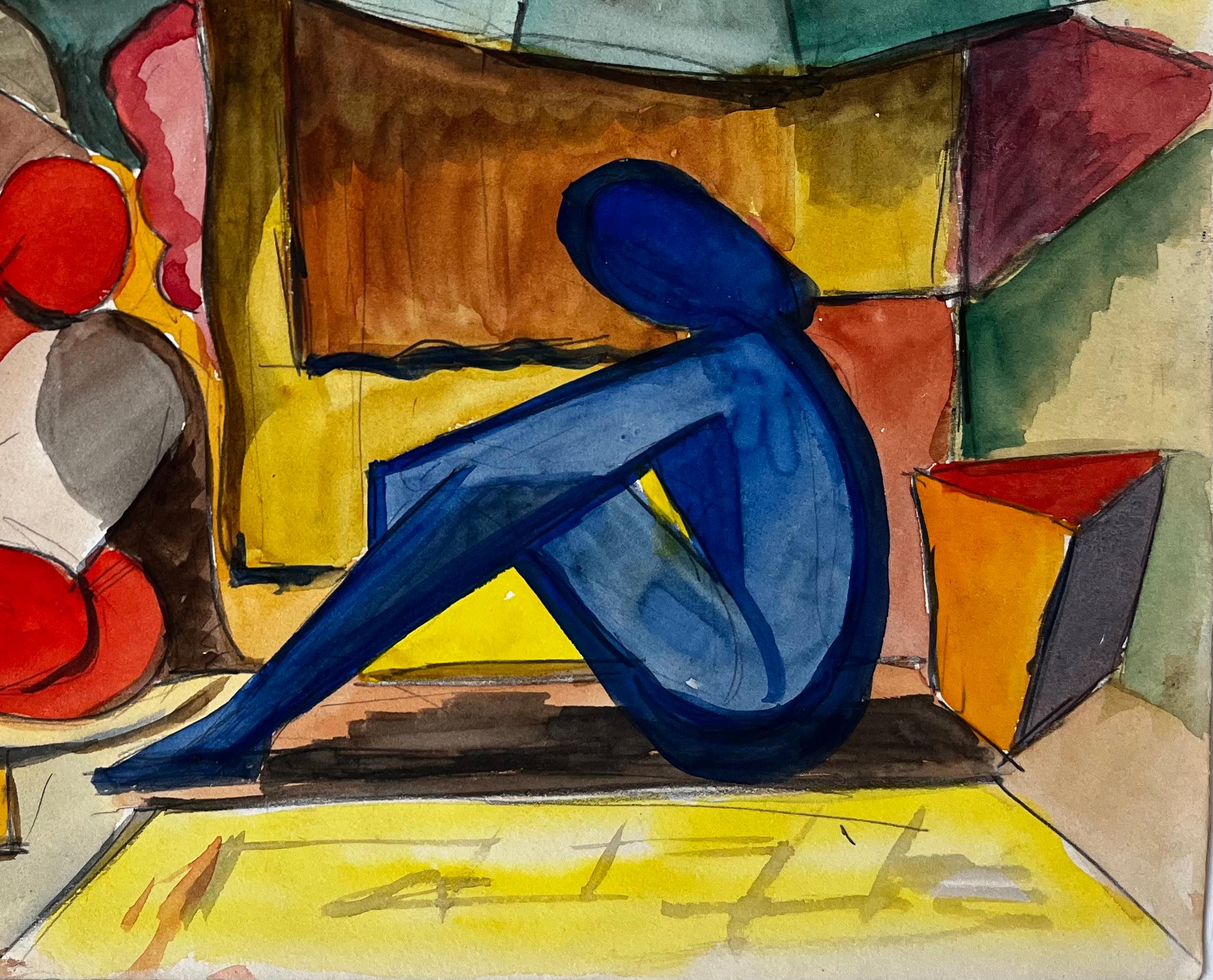 Figures sous un parasol Scène de marché moderniste française Aquarelle Gouache - Moderne Art par Guy Nicod