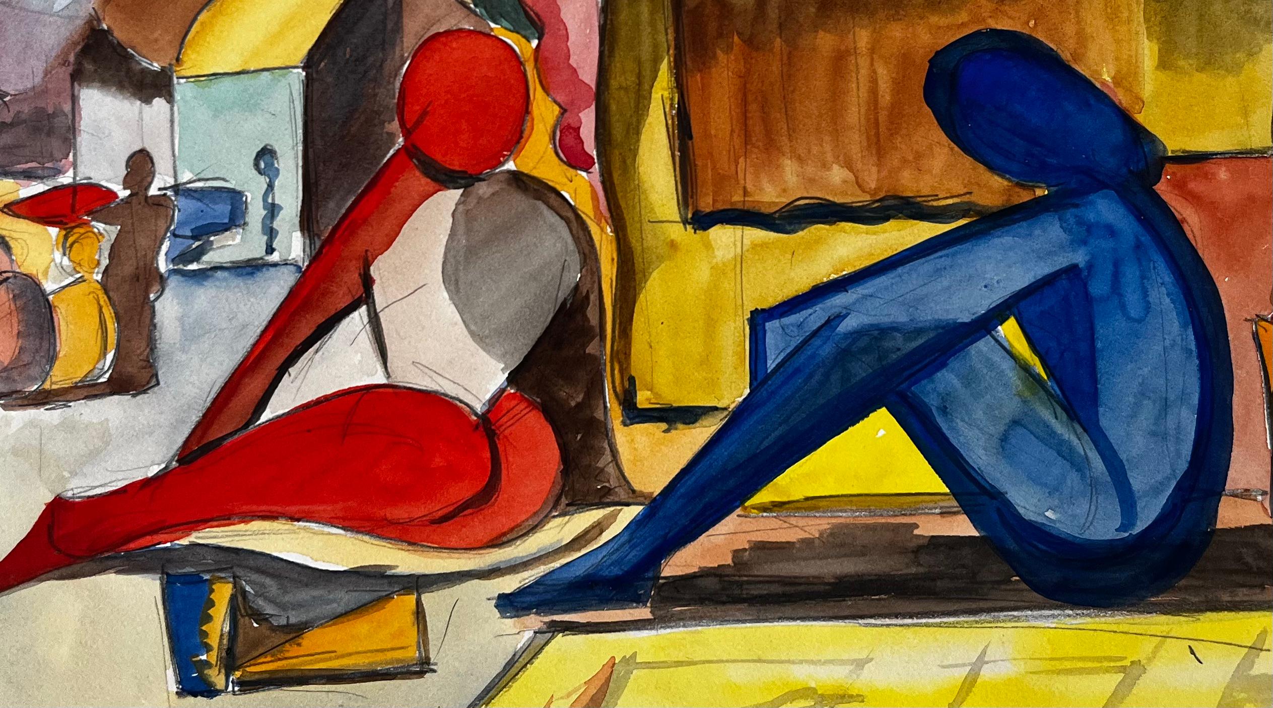 Figures sous un parasol Scène de marché moderniste française Aquarelle Gouache en vente 2