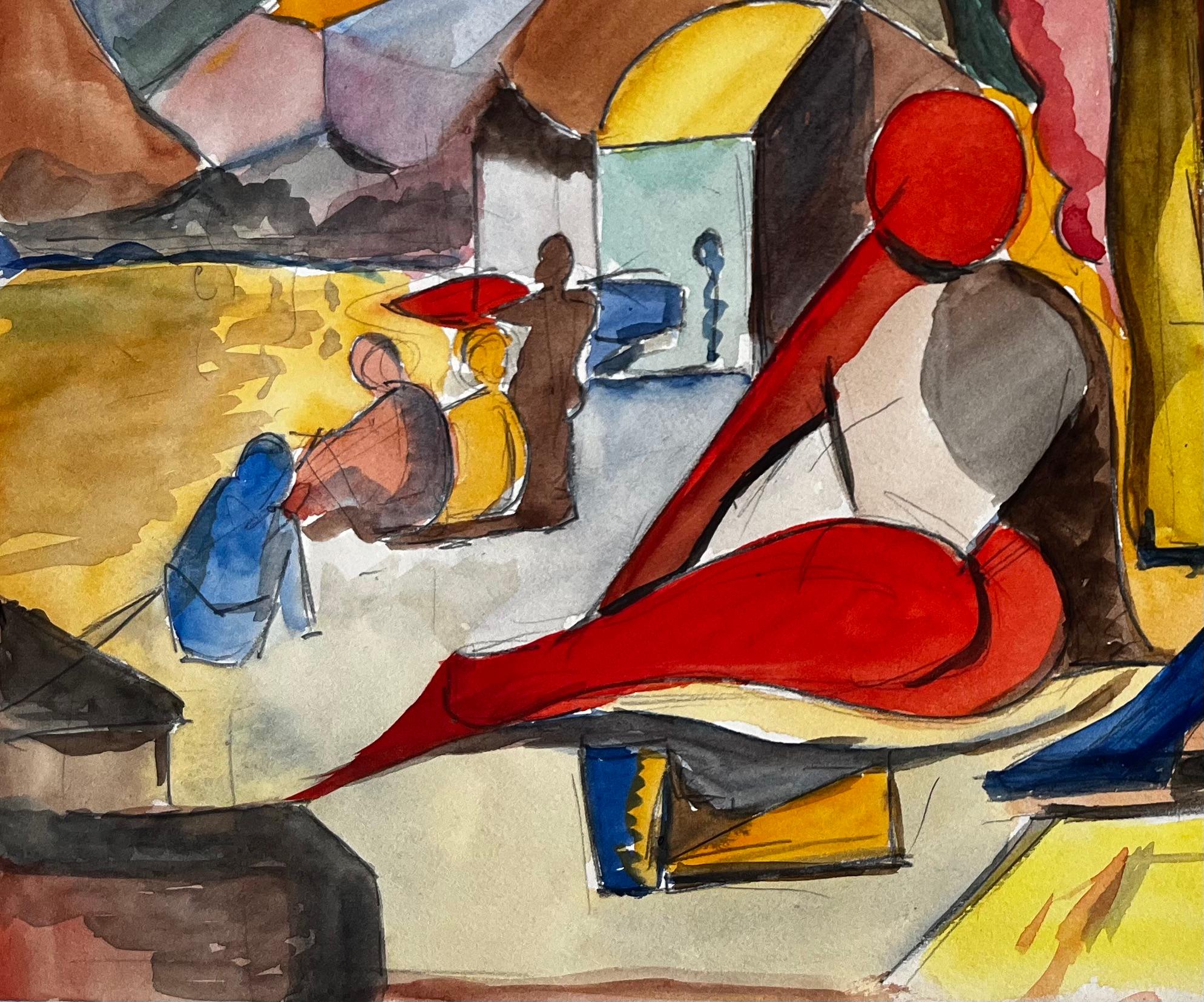 Figures sous un parasol Scène de marché moderniste française Aquarelle Gouache en vente 1