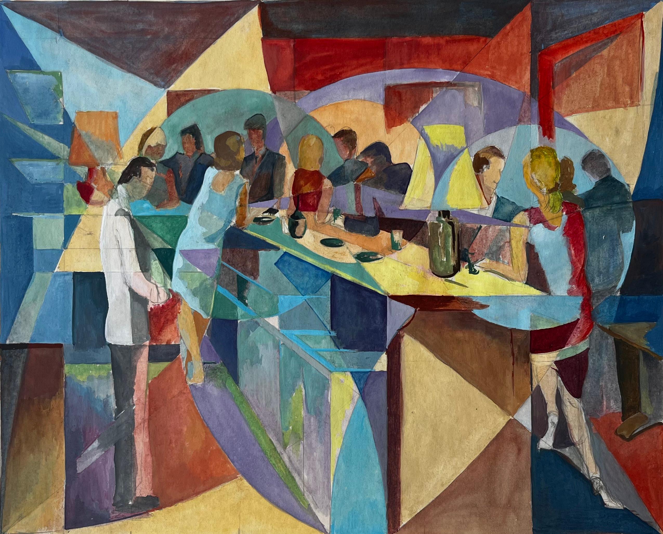 Evening Bar Scene French Modernist Cubist Gouache by Guy Nicod