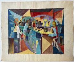 Evening Bar Scene French Modernist Cubist Gouache by Guy Nicod
