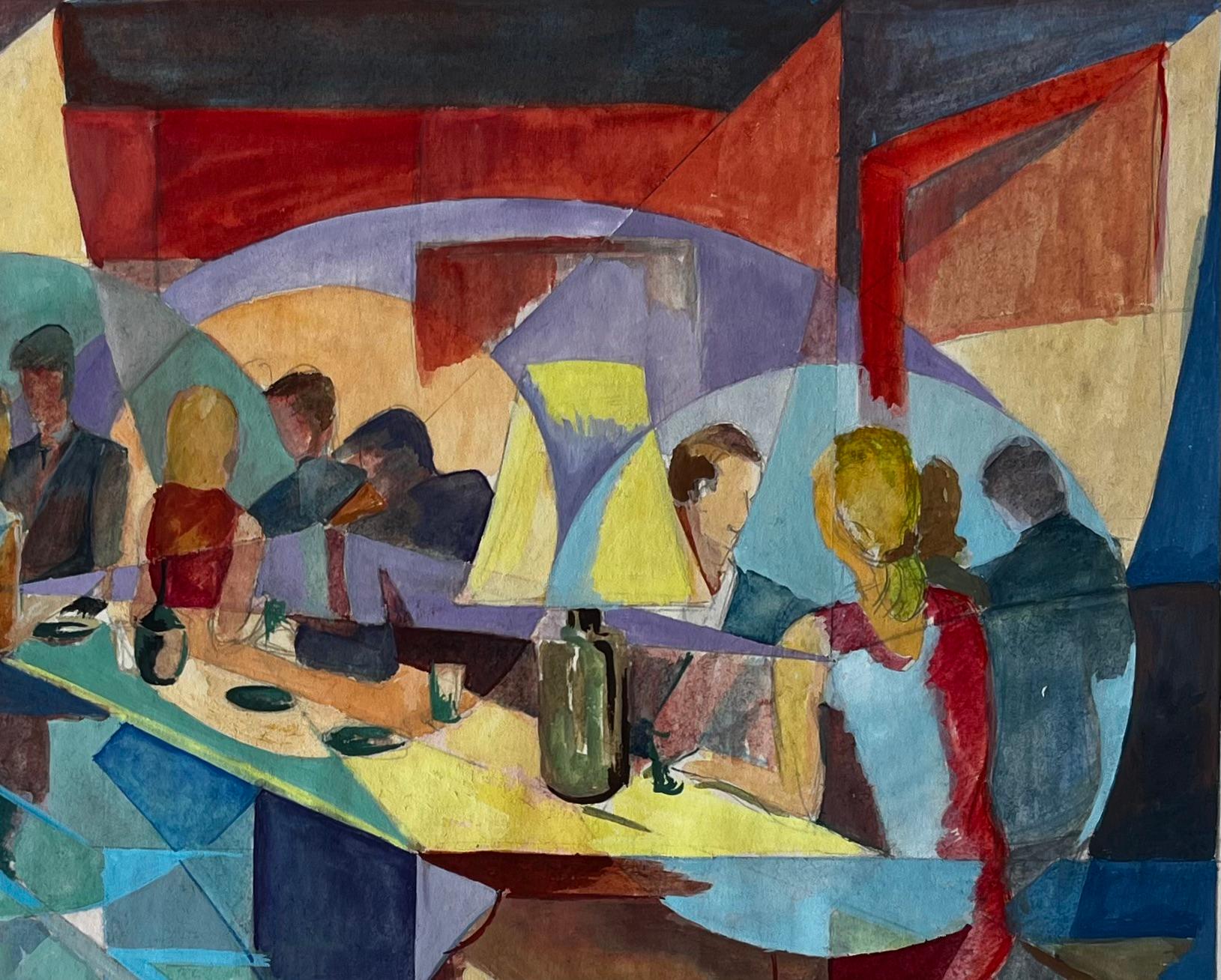 Escena nocturna de bar Cubista Modernista francés Gouache por Guy Nicod en venta 3