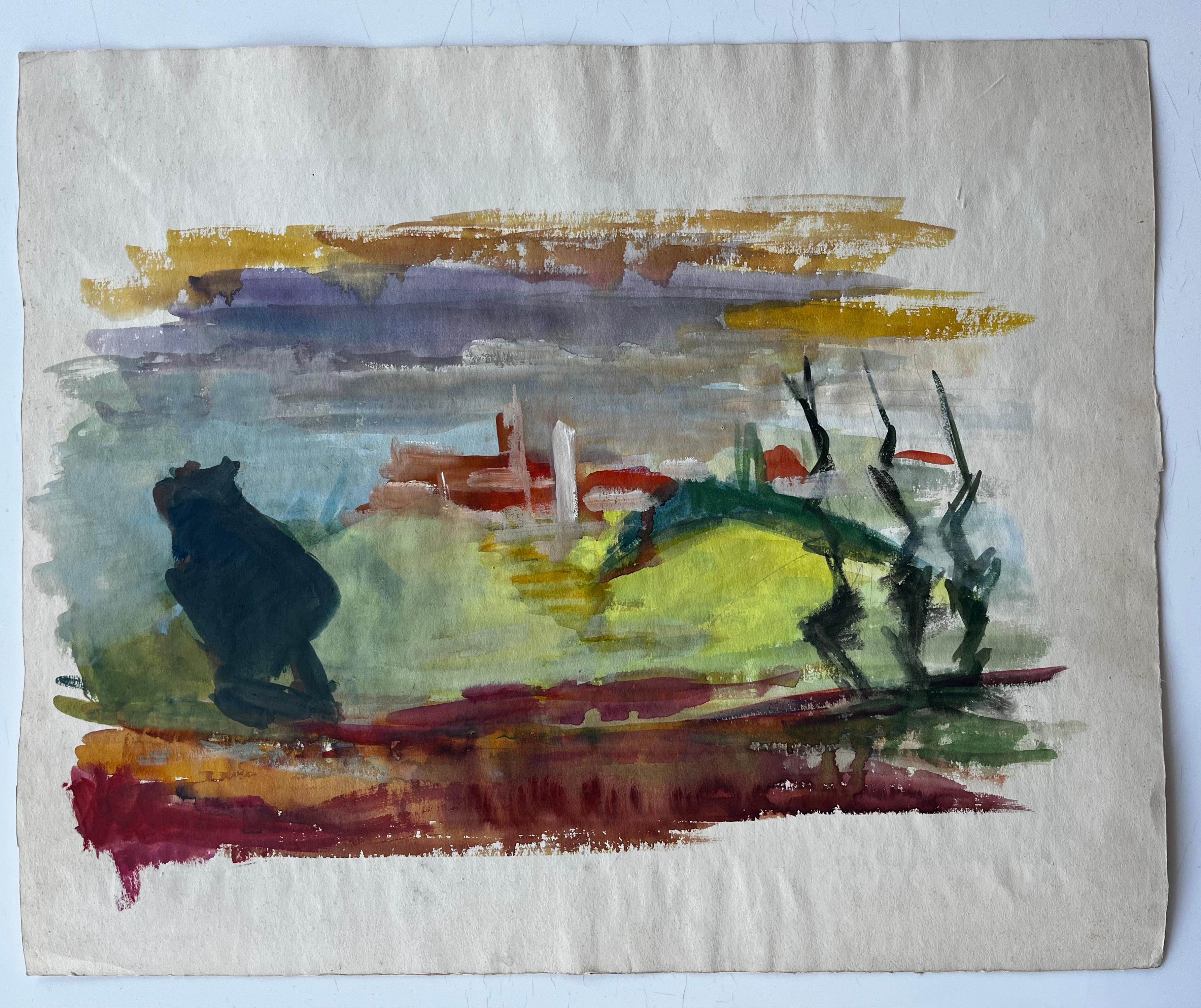 Escena nocturna de bar Cubista Modernista francés Gouache por Guy Nicod en venta 8