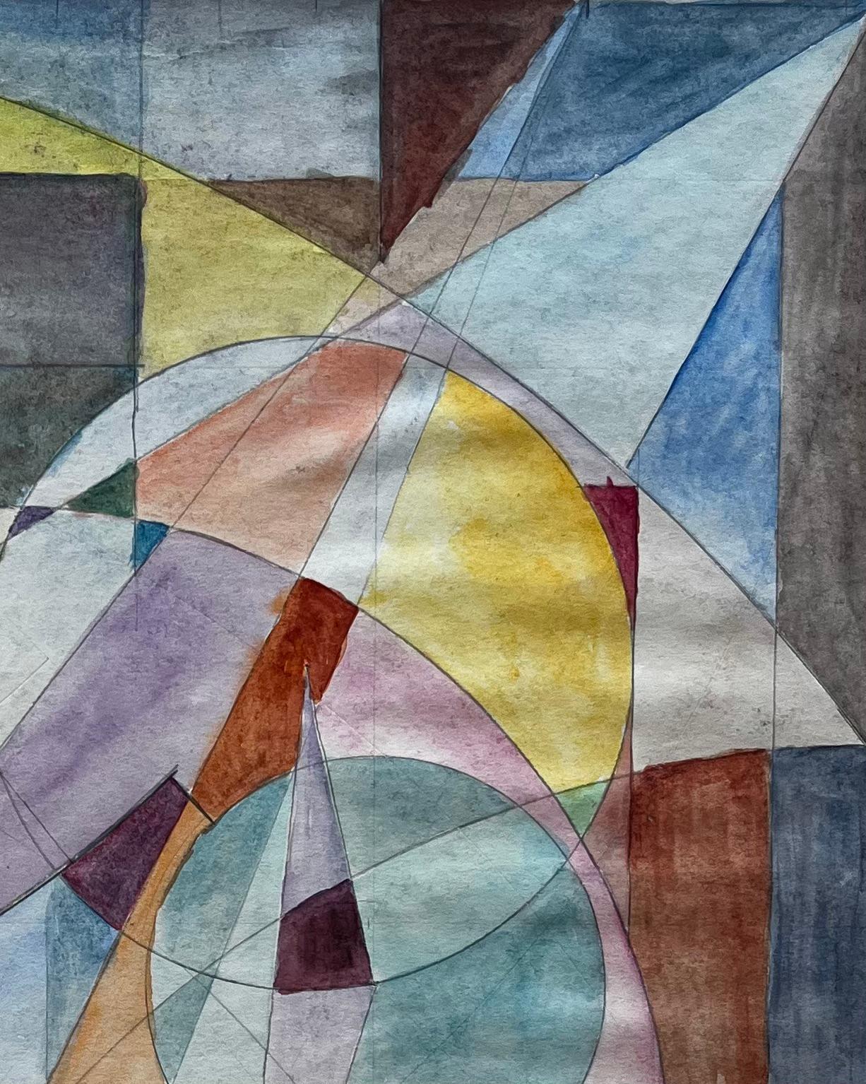 Geometric Abstract Study Colorful Modernist Gouache on Paper - Gray Abstract Drawing by Guy Nicod