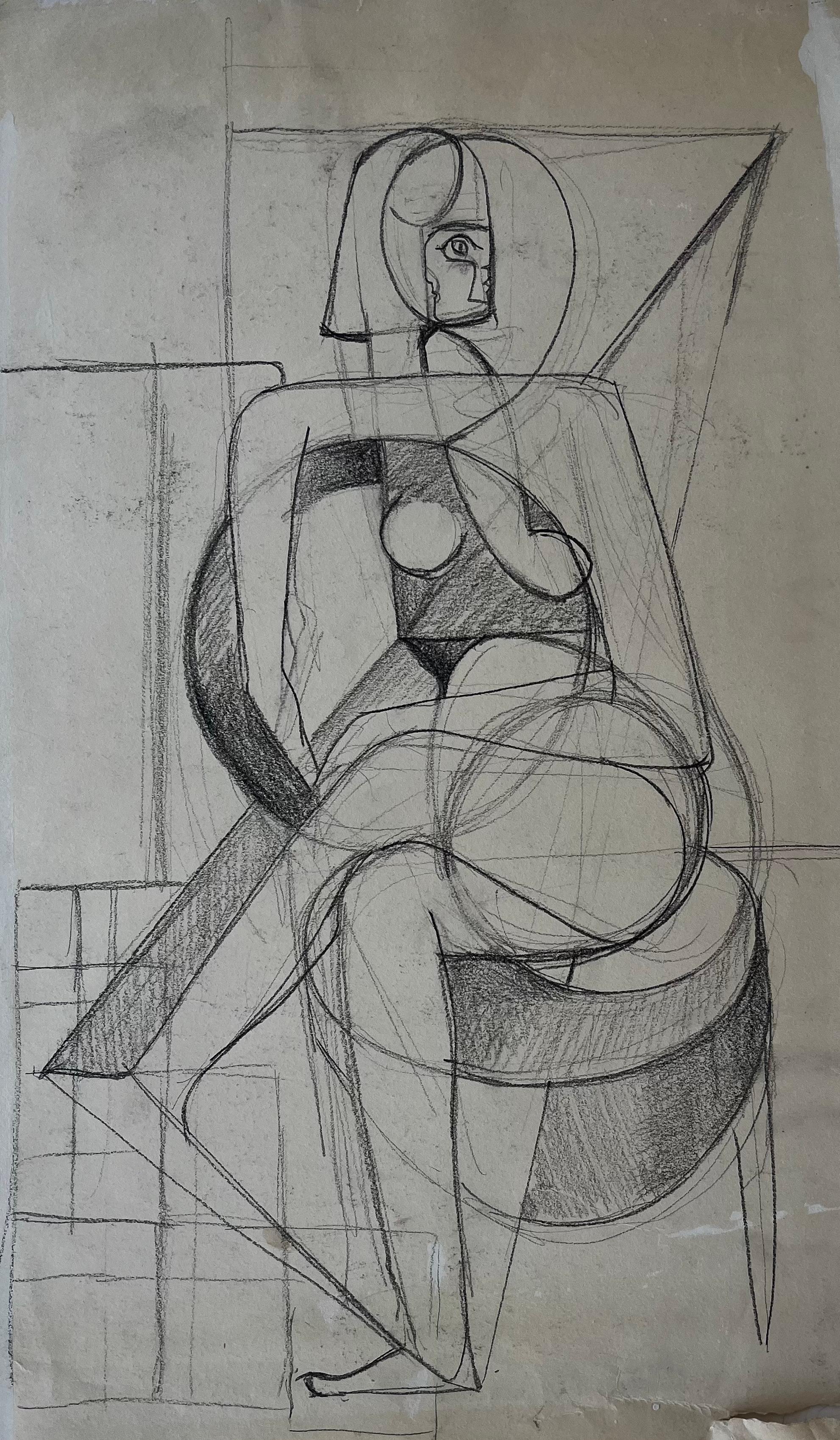 Étude de nu cubiste Femme assise Dessin au fusain moderniste sur papier