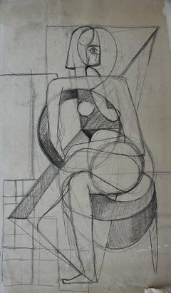 Cubist Nude Study Seated Woman Modernist Charcoal Drawing on Paper