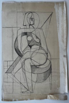 Étude de nu cubiste Femme assise Dessin au fusain moderniste sur papier
