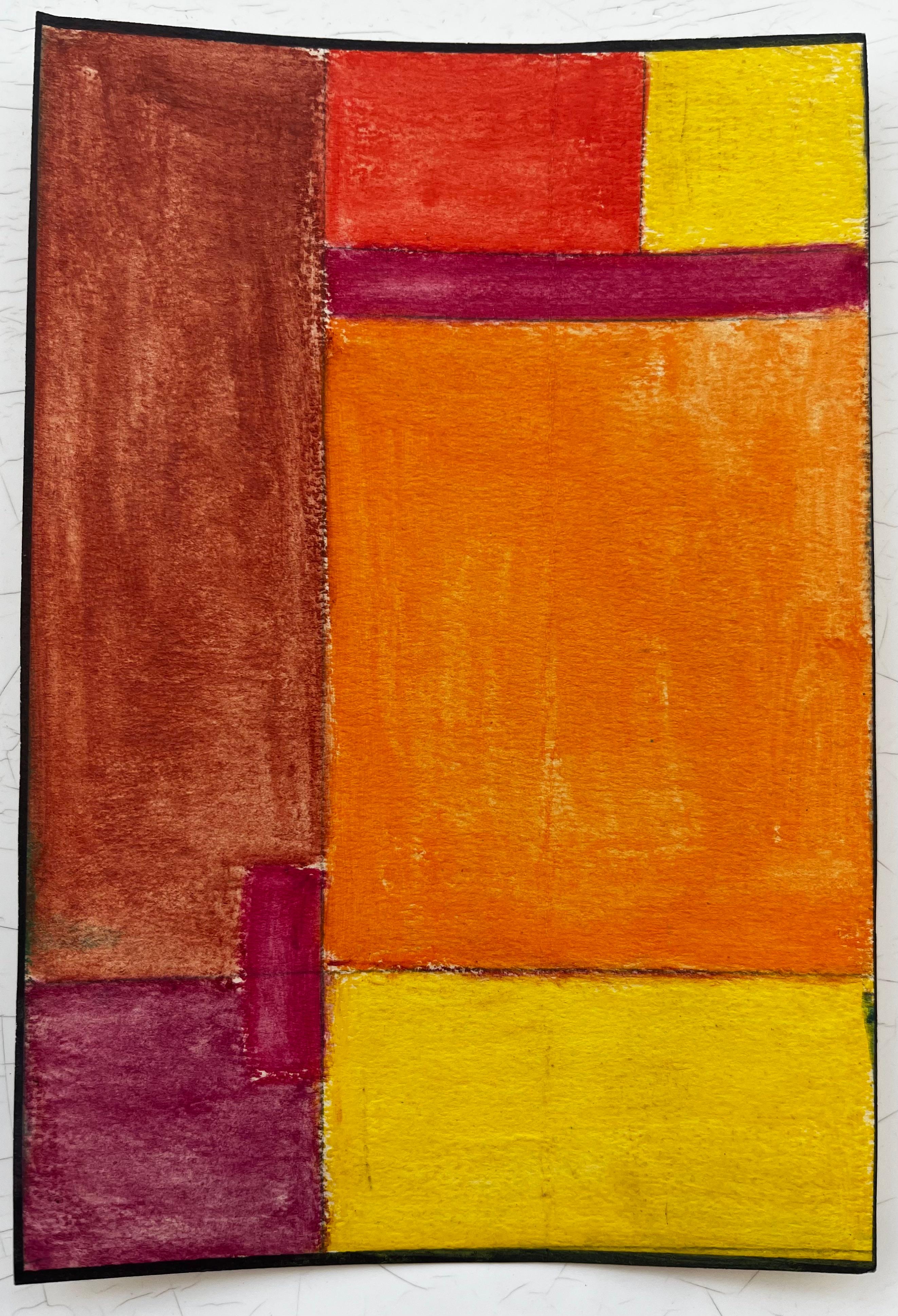 Composition géométrique abstraite en rouge, orange et jaune Gouache moderniste - Art de Guy Nicod