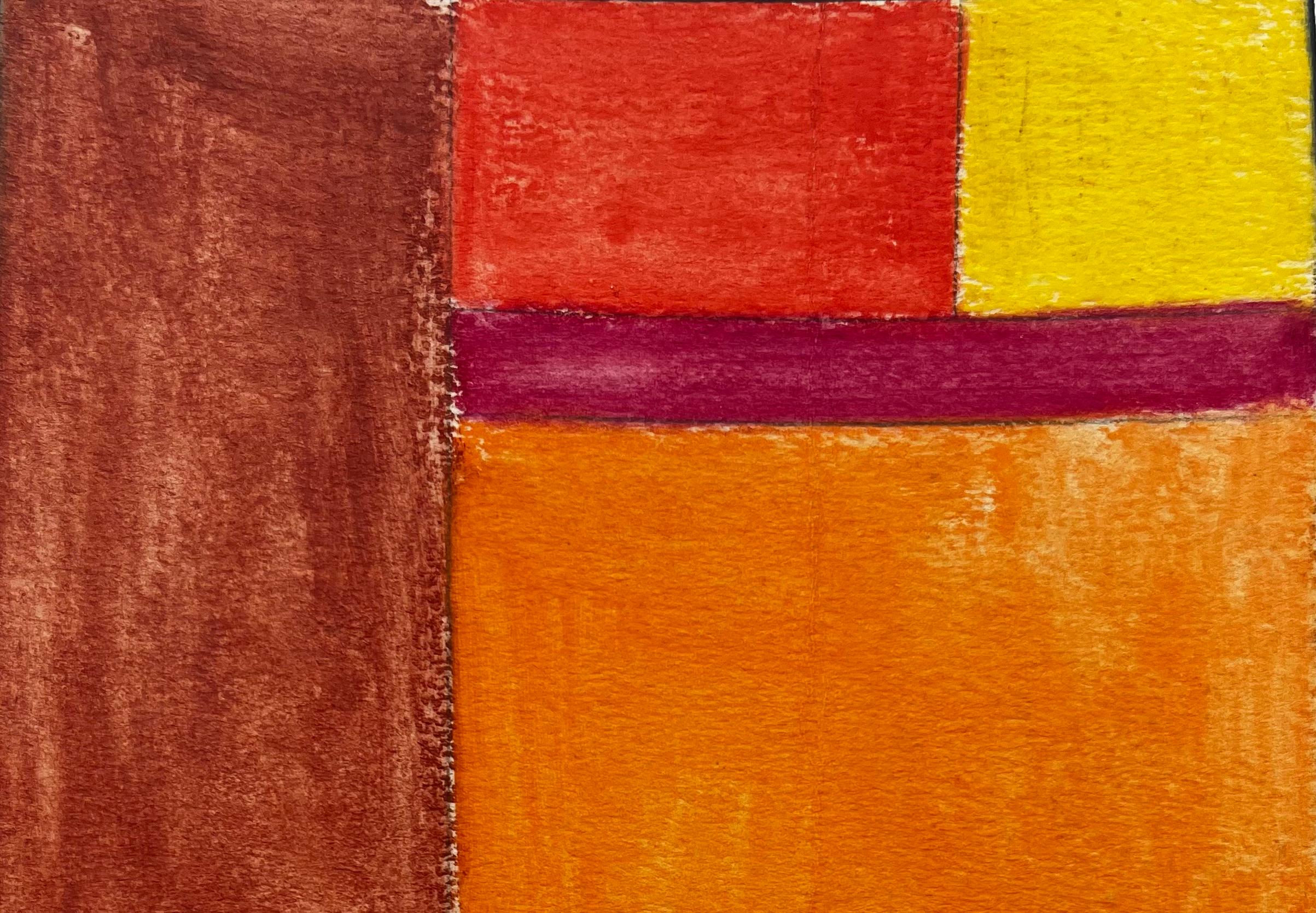 Composition géométrique abstraite en rouge, orange et jaune Gouache moderniste - Moderne Art par Guy Nicod