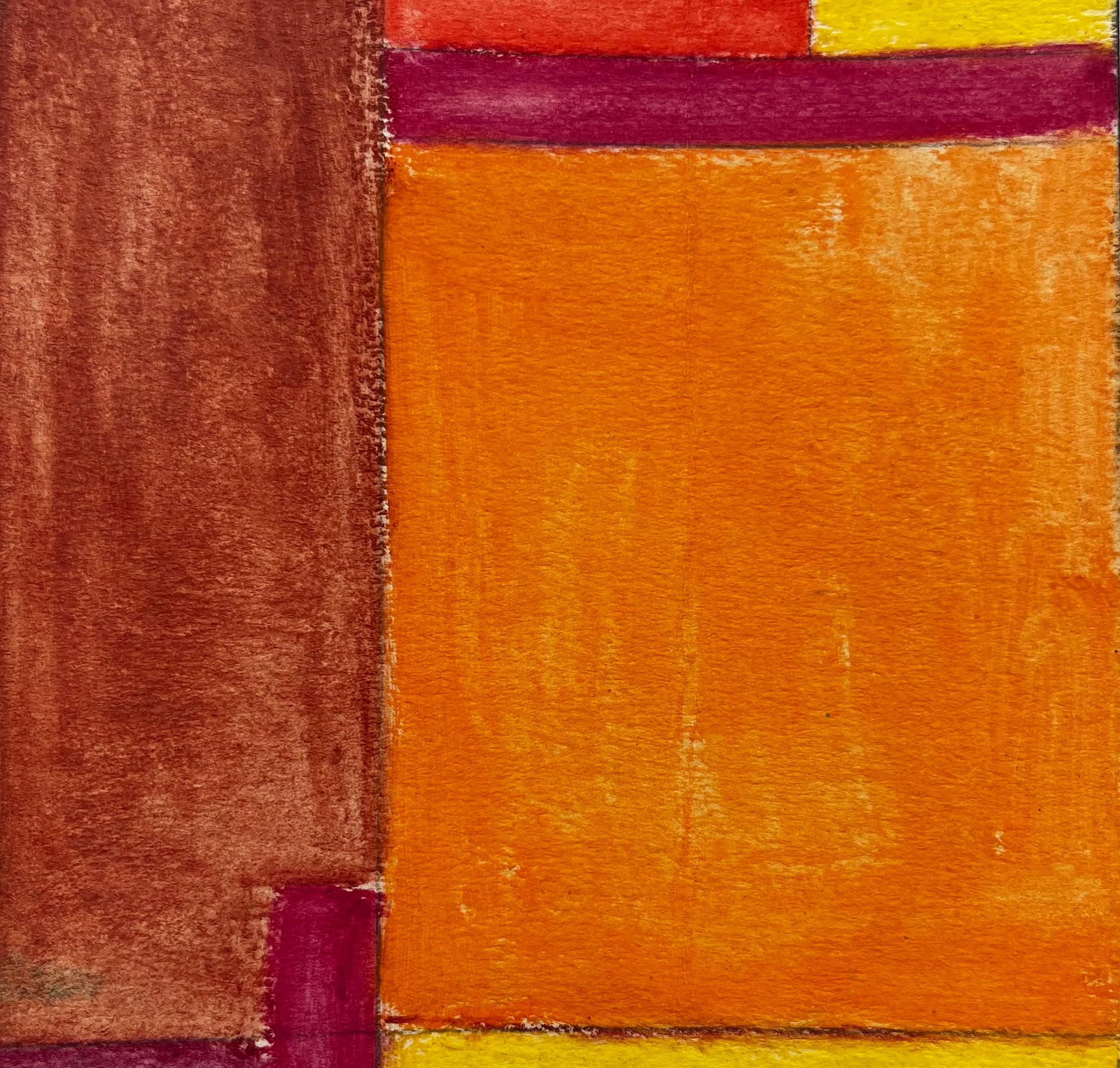 Composition géométrique abstraite en rouge, orange et jaune Gouache moderniste - Marron Landscape Art par Guy Nicod