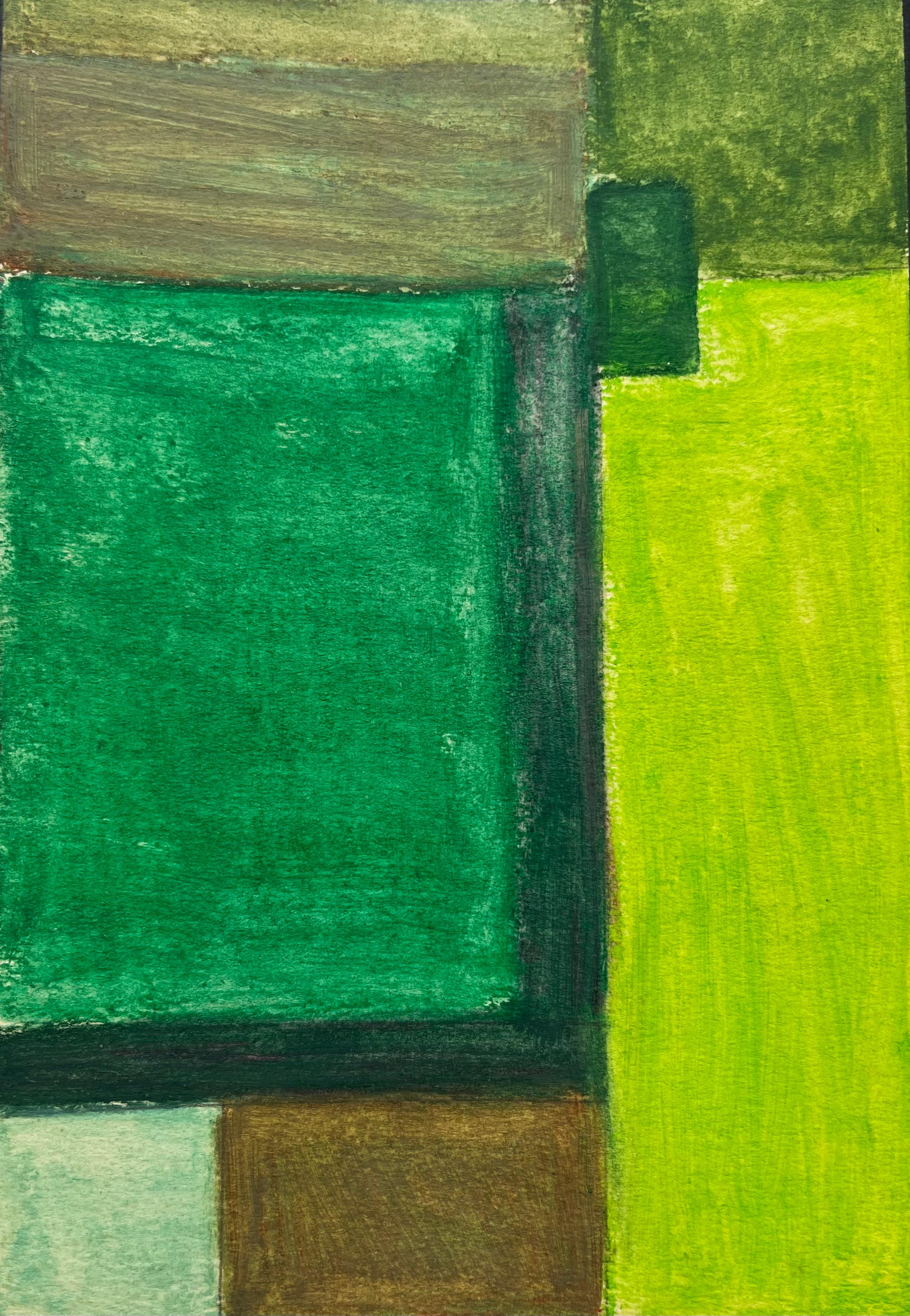 Abstract Geometric Composition in Green and Yellow Modernist Gouache on Paper