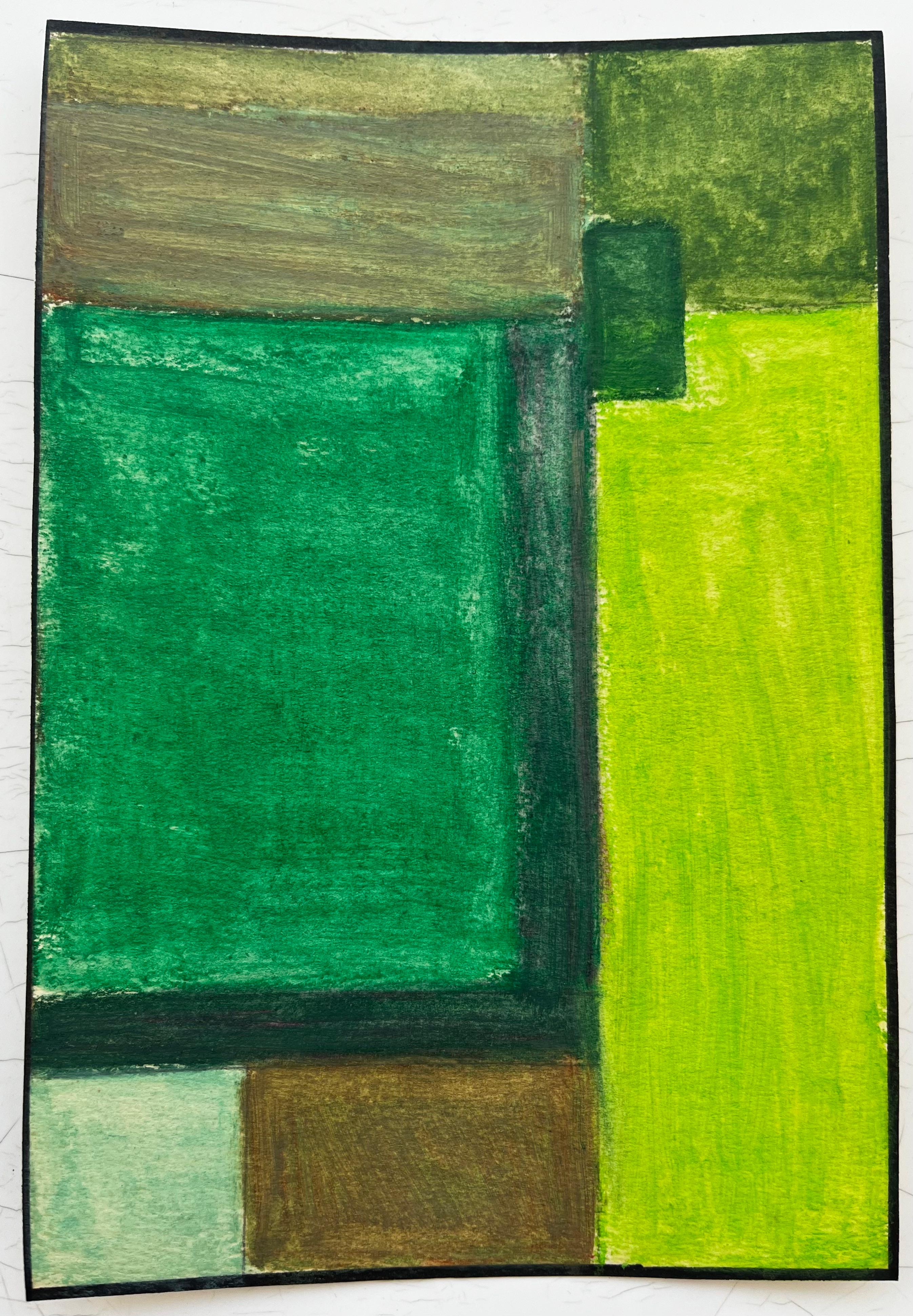 Composition géométrique abstraite en vert et jaune Gouache moderniste sur papier - Art de Guy Nicod