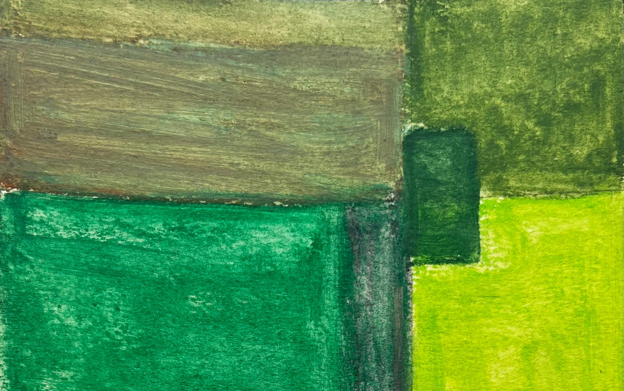 Composition géométrique abstraite en vert et jaune Gouache moderniste sur papier - Moderne Art par Guy Nicod