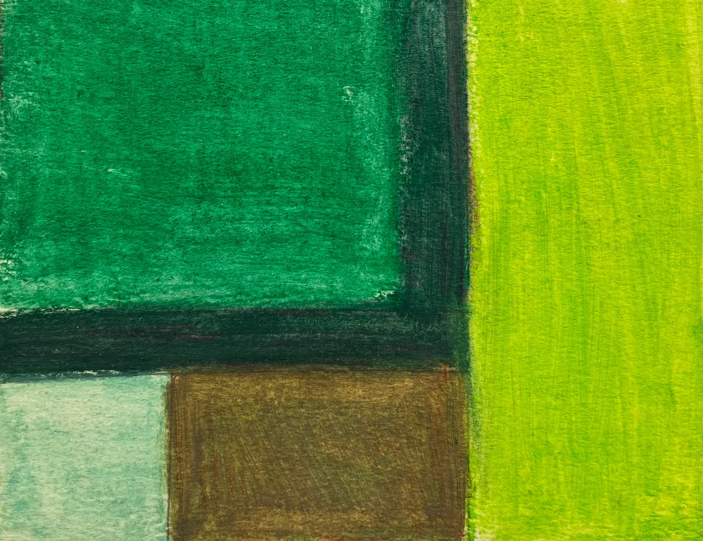 Titre : Composition géométrique abstraite en vert et jaune Gouache moderniste sur papier
Guy Nicod (français 1923 - 2021) 
Gouache sur papier d'artiste, non encadrée
Taille : 7.25 x 5.25 pouces (hauteur x largeur)
Provenance : Succession