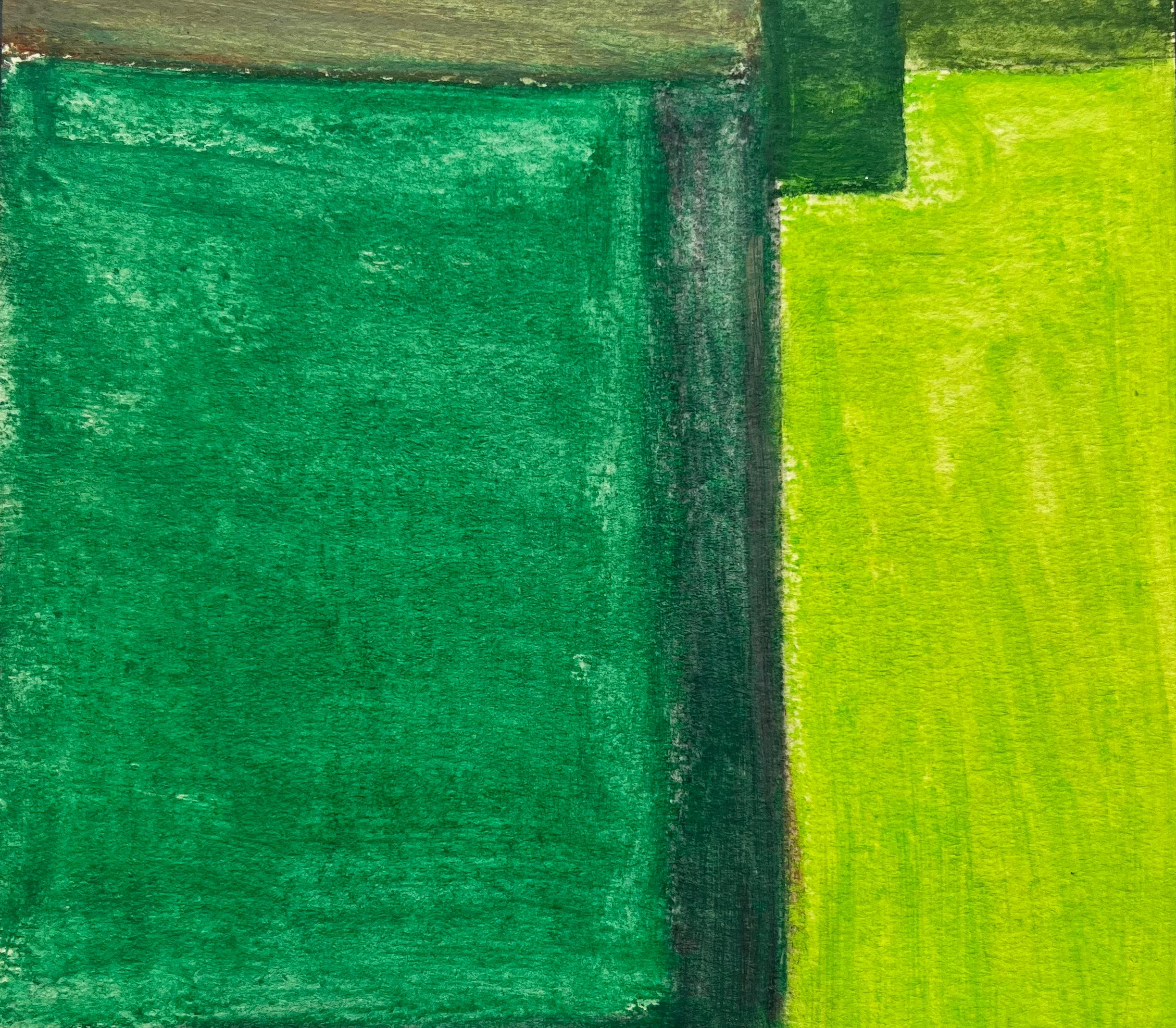 Composition géométrique abstraite en vert et jaune Gouache moderniste sur papier - Vert Landscape Art par Guy Nicod
