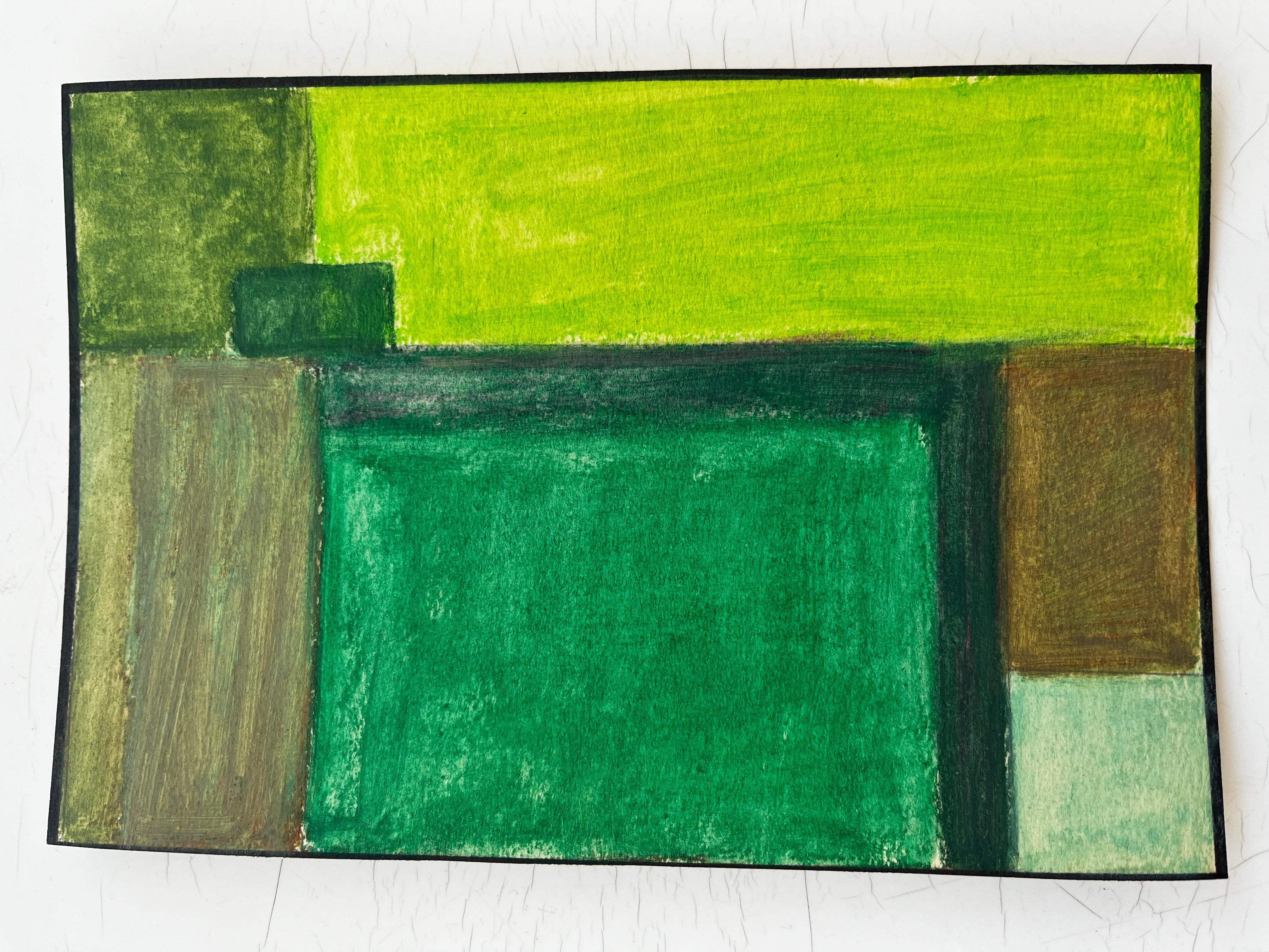 Composition géométrique abstraite en vert et jaune Gouache moderniste sur papier en vente 2