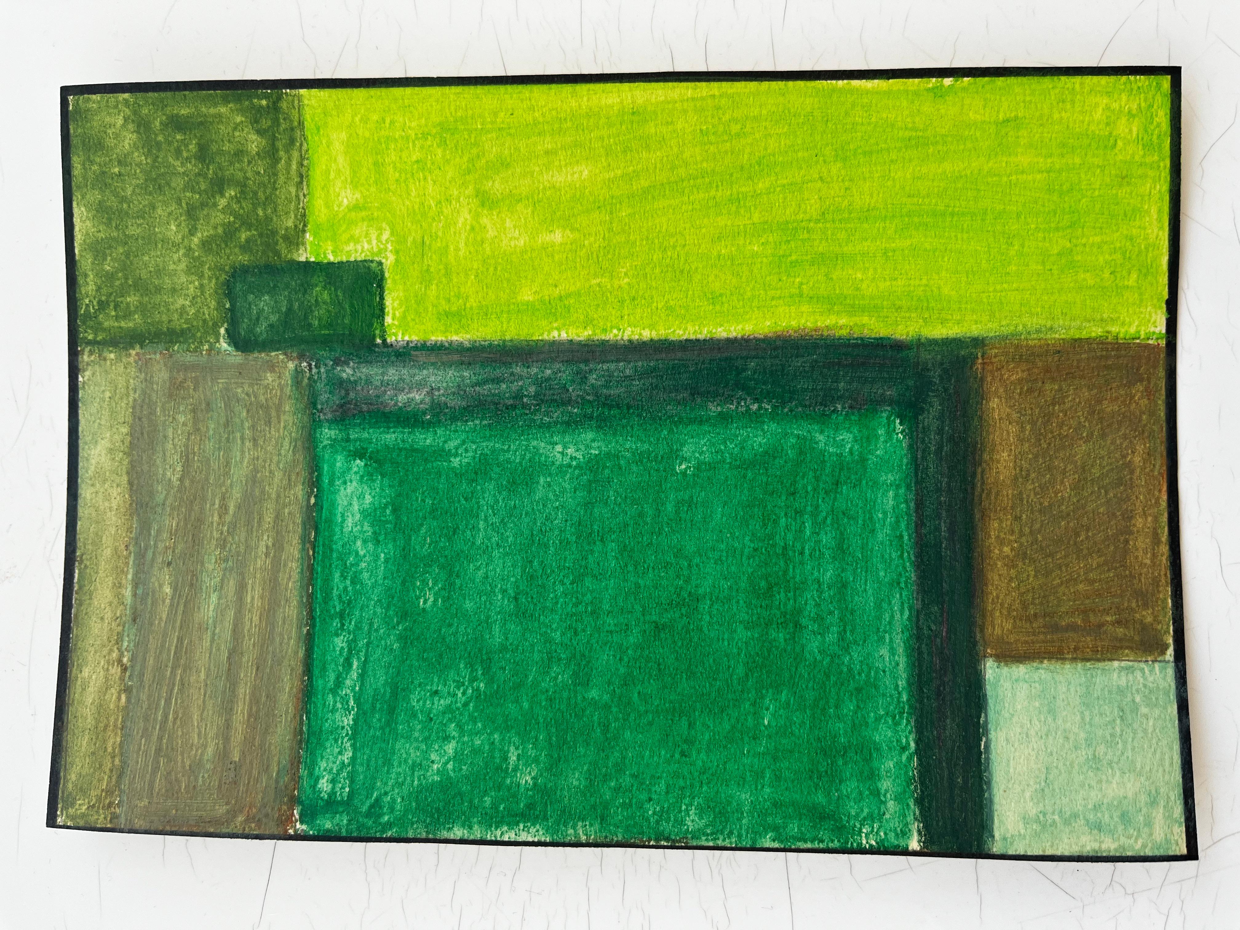 Composition géométrique abstraite en vert et jaune Gouache moderniste sur papier en vente 1