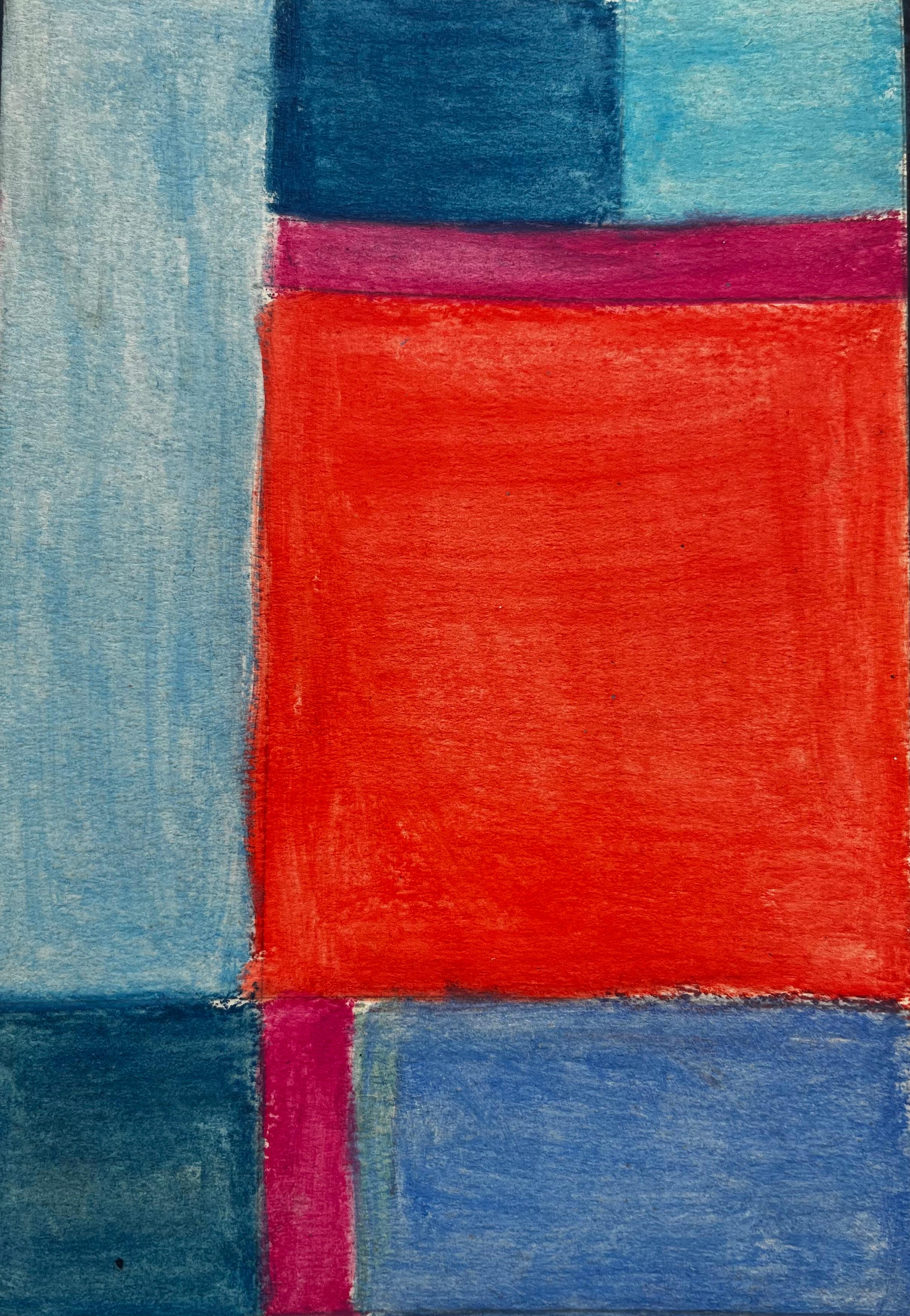 Abstract Geometric Composition in Red and Blue Modernist Gouache on Paper