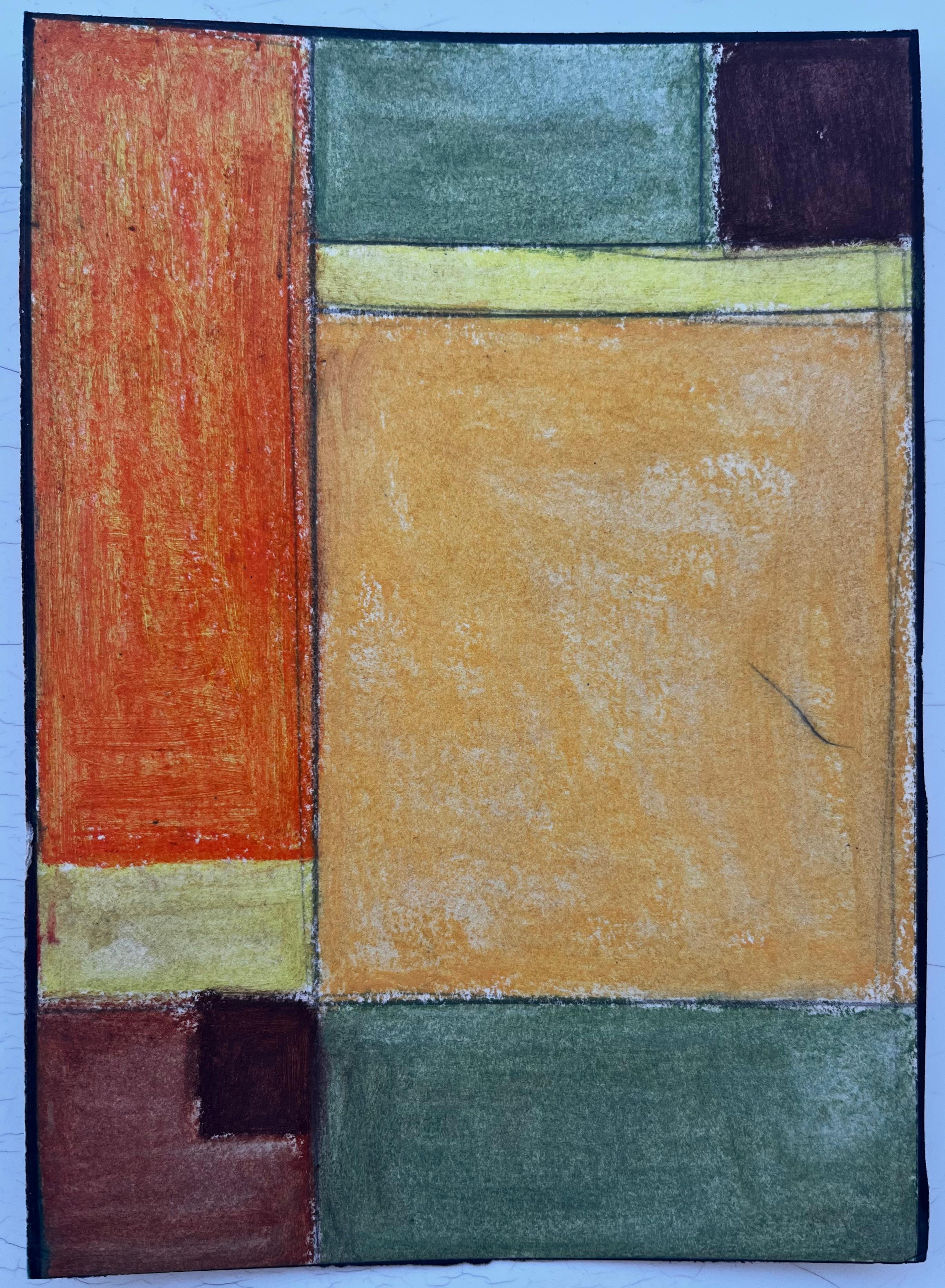 Composición geométrica abstracta en pastel al óleo modernista verde anaranjado y ocre - Art de Guy Nicod