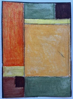 Composition géométrique abstraite au pastel à l'huile moderniste orange, vert et ocre