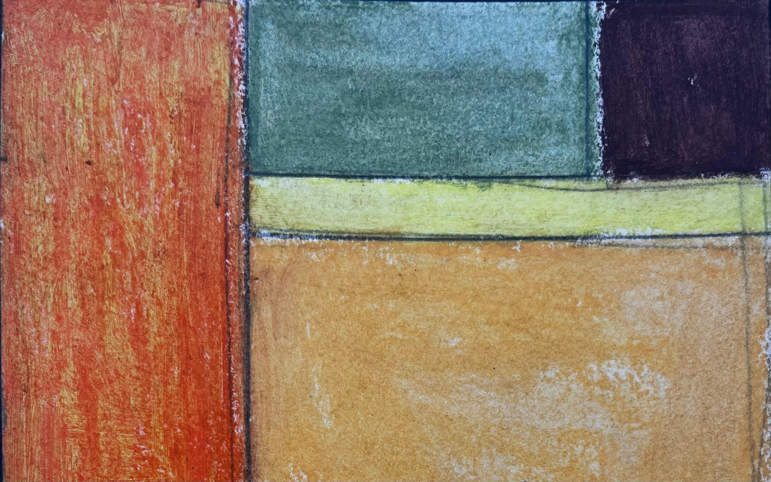 Composición geométrica abstracta en pastel al óleo modernista verde anaranjado y ocre - Art Moderno de Guy Nicod
